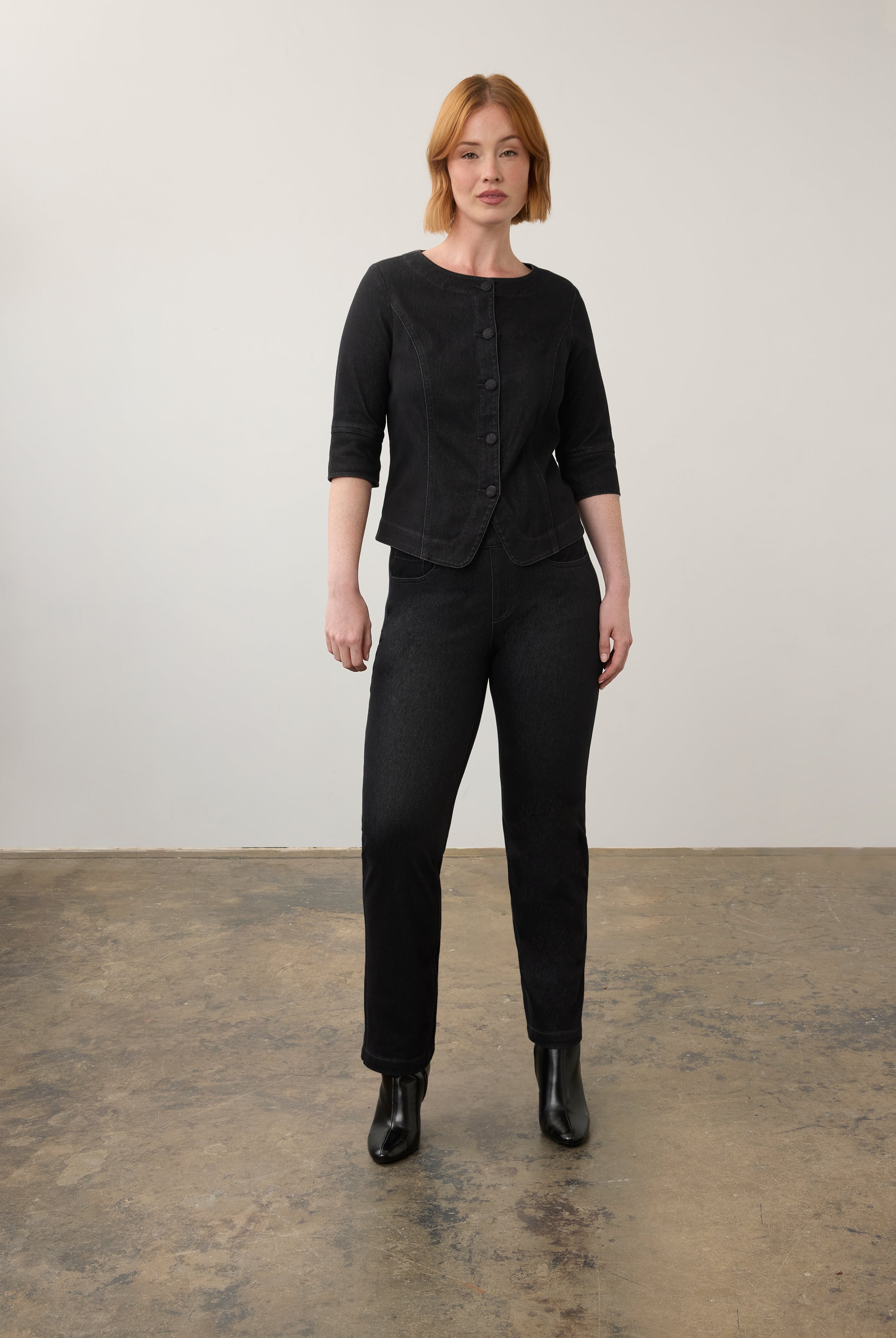 Black button-up top and jeans full outfit view showing sleek silhouette by French Dressing Jeans (FDJ)