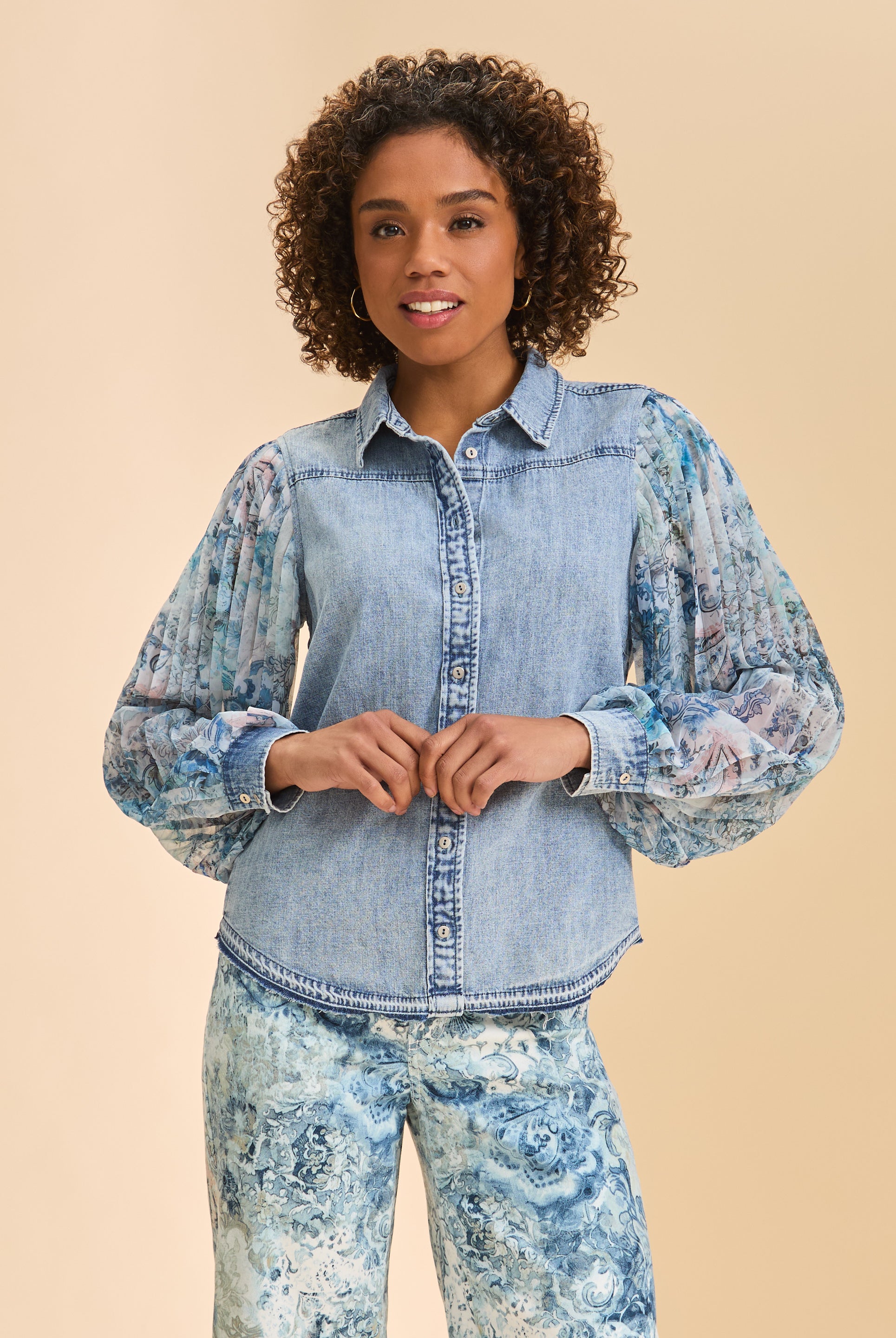 Front view of denim shirt with sheer floral sleeves by French Dressing Jeans (FDJ)