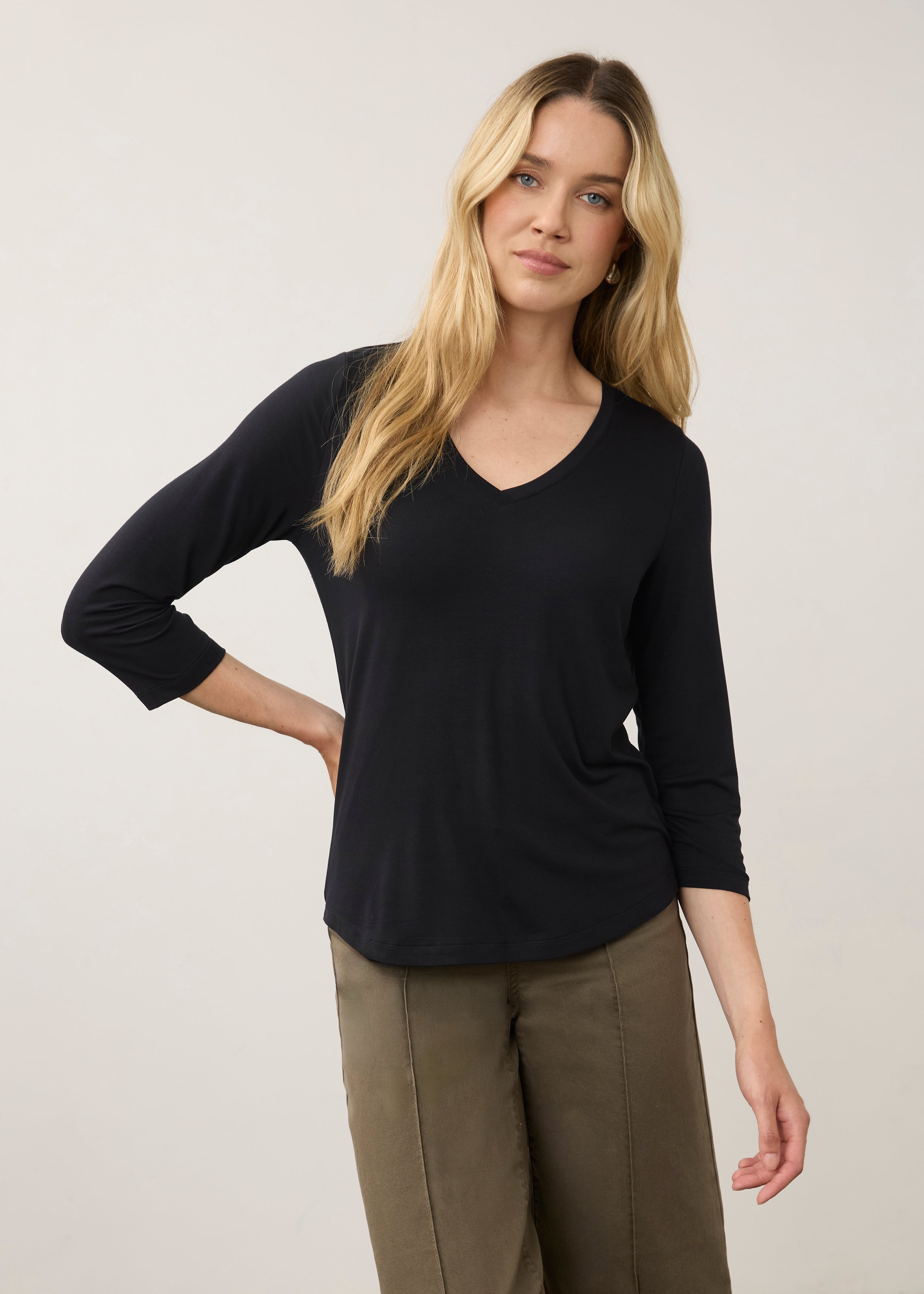 Front view of black 3/4 sleeve V-neck top with relaxed fit and soft fabric by French Dressing Jeans (FDJ)