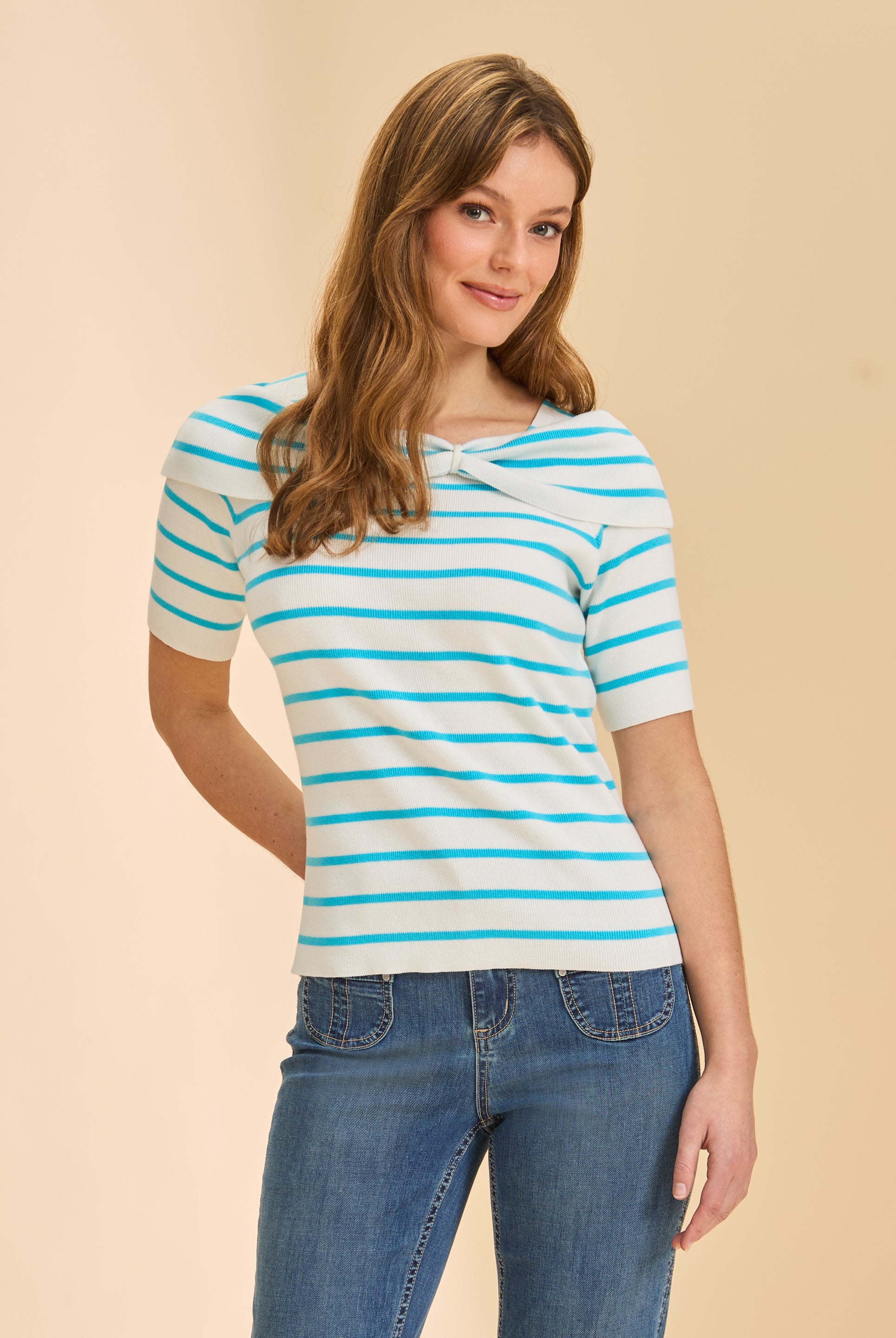 Front view of black and white boatneck stripe sweater with short sleeves by French Dressing Jeans (FDJ)