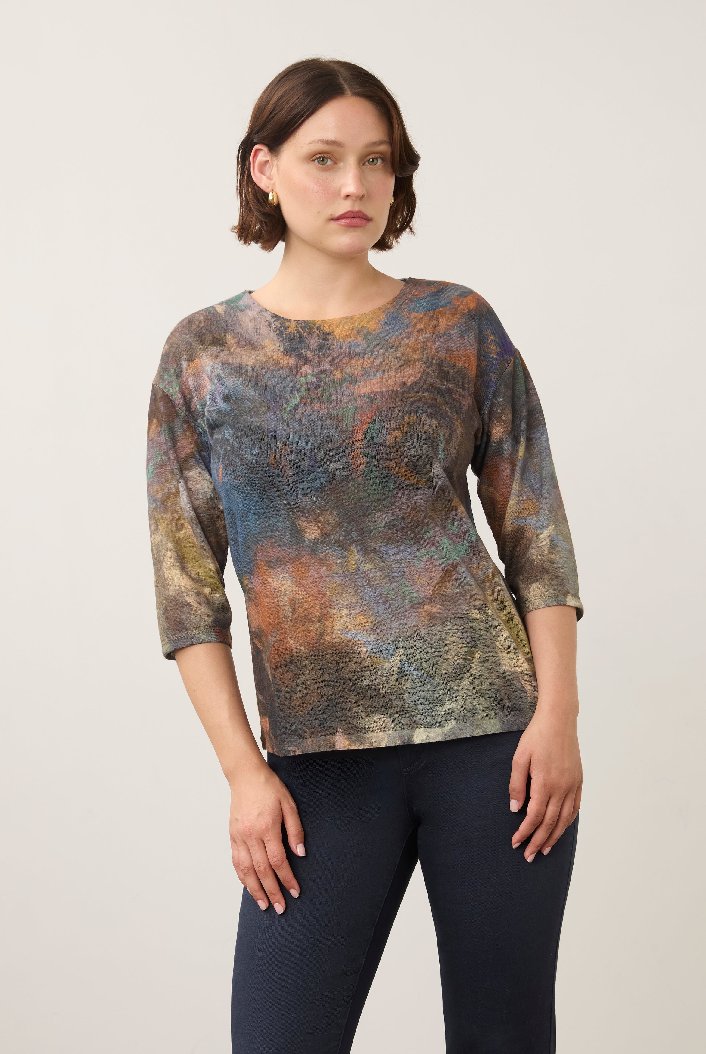 Front view of Henley top in earthy tones, round neck and 3/4 sleeves by French Dressing Jeans (FDJ)