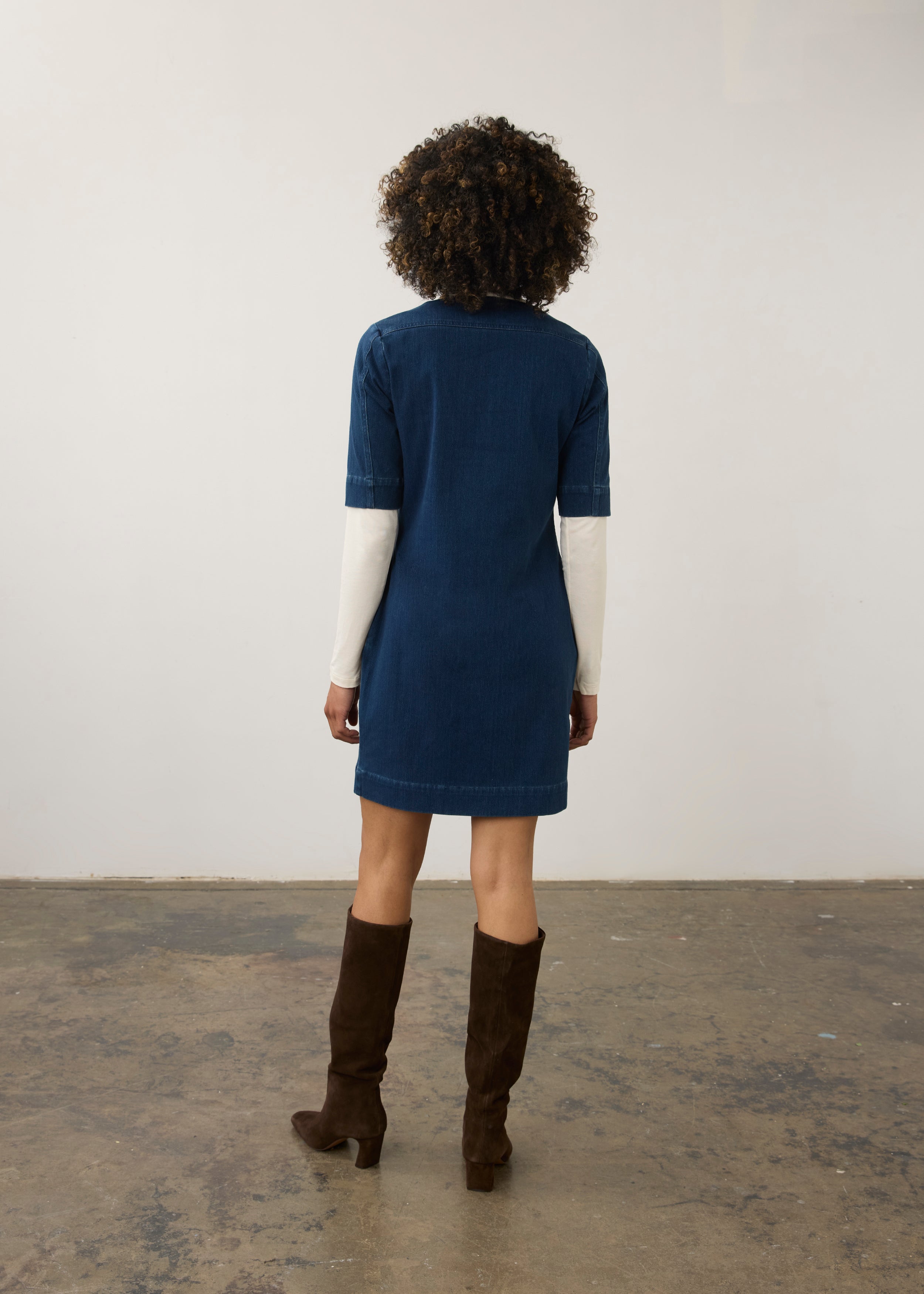 Back view of Elbow Sleeve Shift Dress in dark rinse showing smooth shift style by French Dressing Jeans (FDJ)