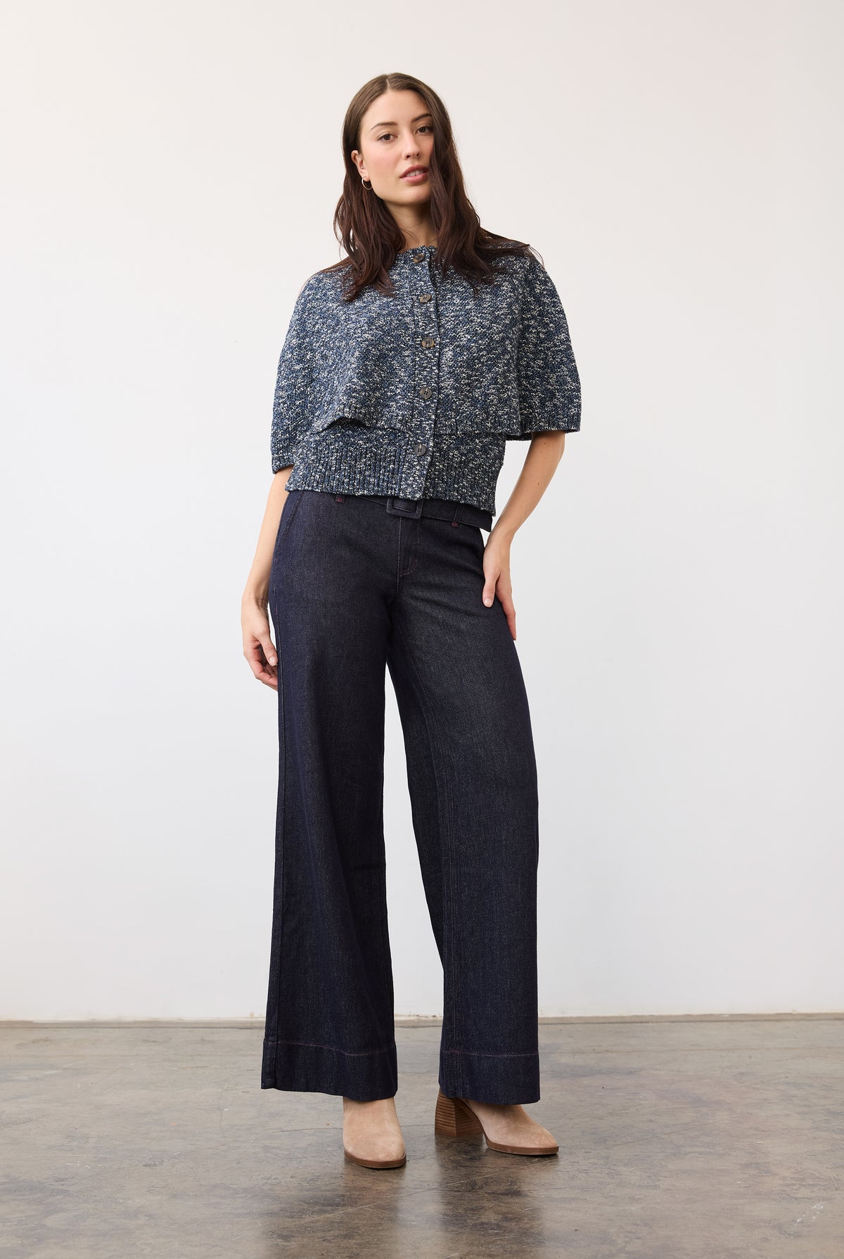 Model in full view wearing Suzanne pant in blueberry, highlighting high-rise design by French Dressing Jeans (FDJ)