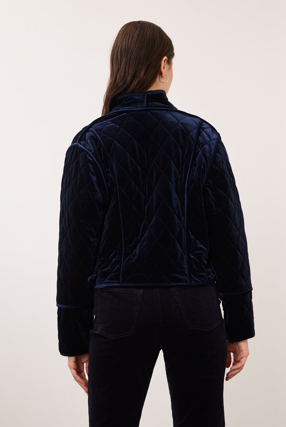 Back view of blueberry quilted jacket showing clean lines and structured fit by French Dressing Jeans (FDJ)