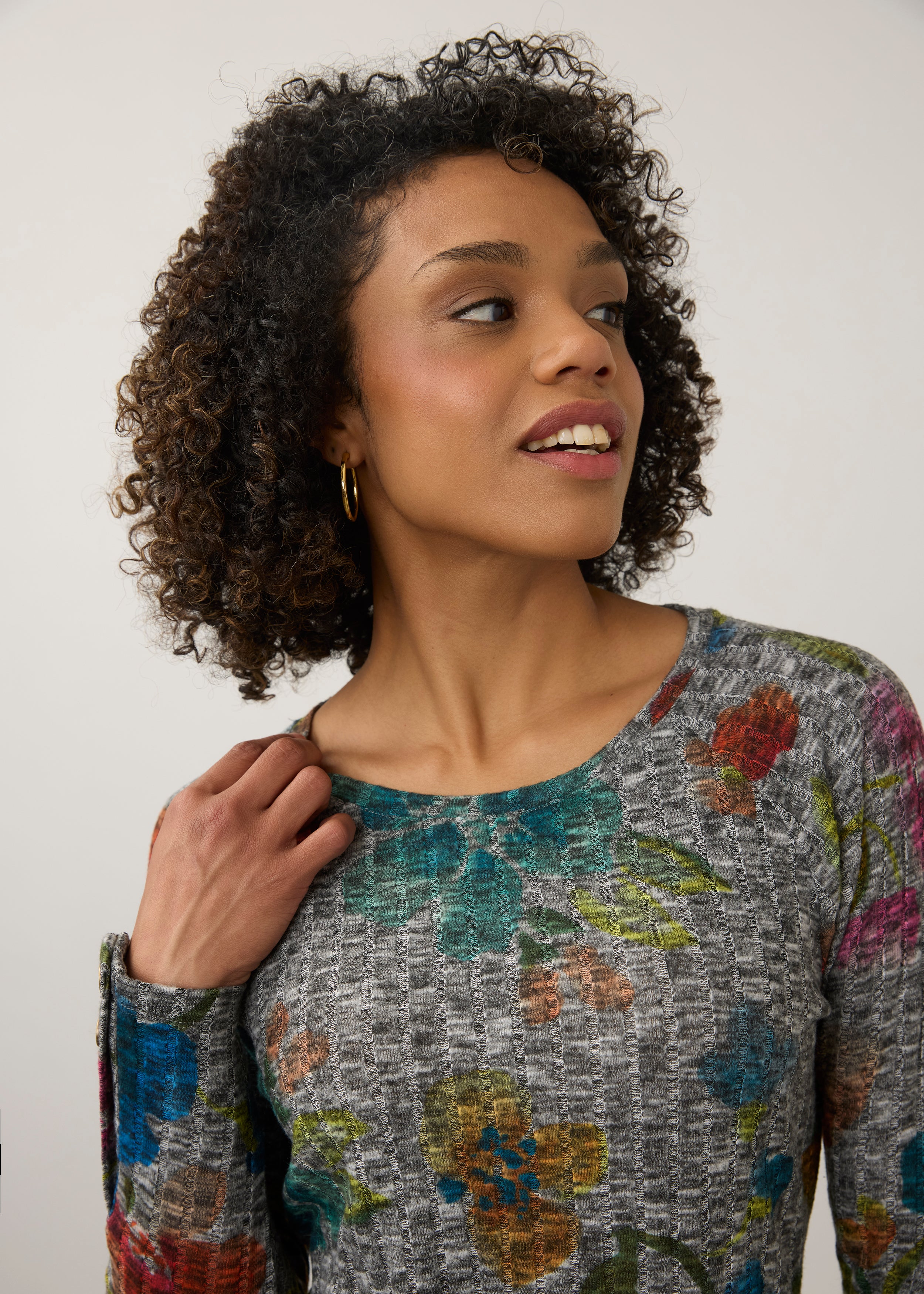 Close-up of floral top, showcasing the detailed pattern and neckline by French Dressing Jeans (FDJ)