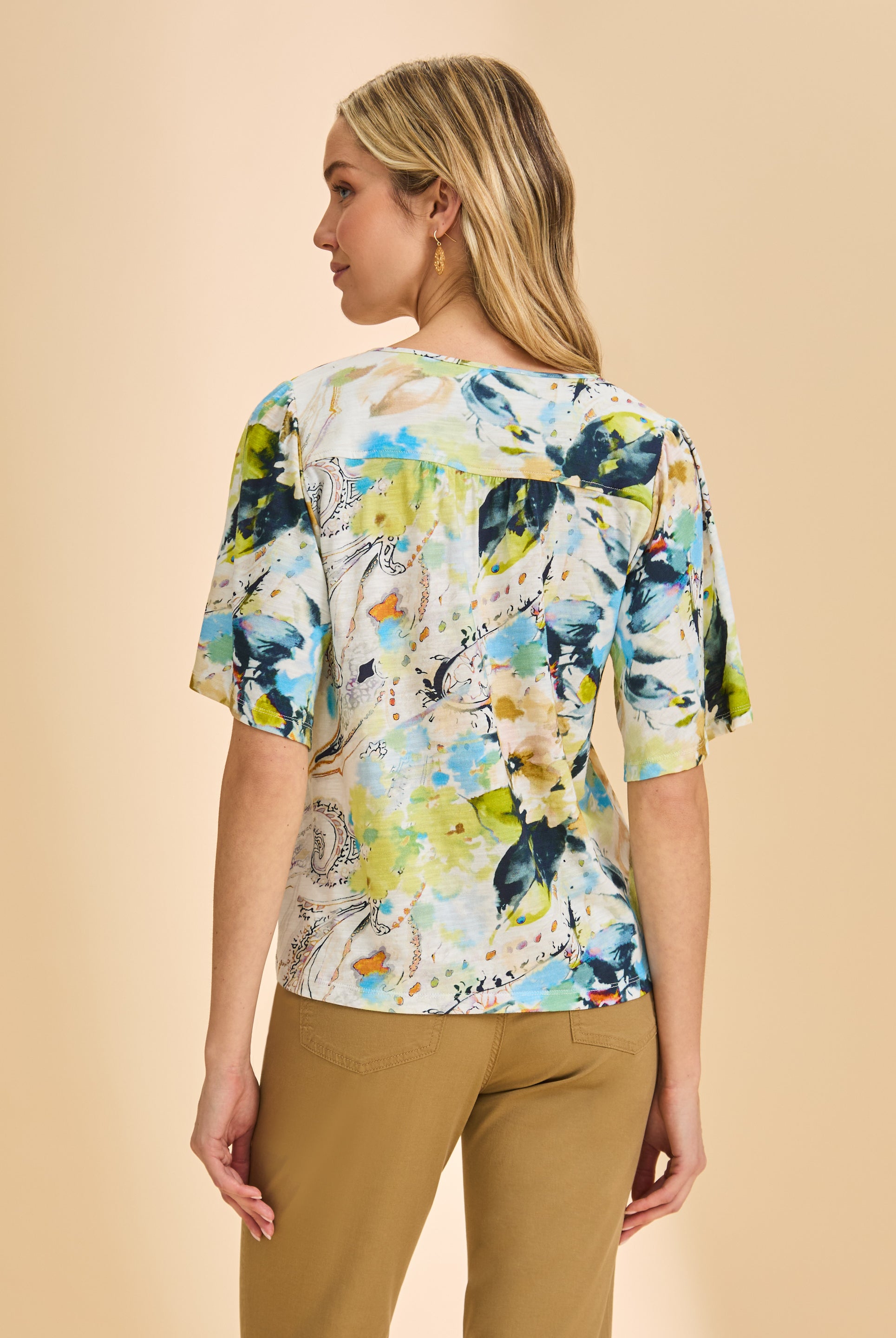 Back view of Pacific paisley V-neck top with flutter sleeves and tie neckline by French Dressing Jeans (FDJ)