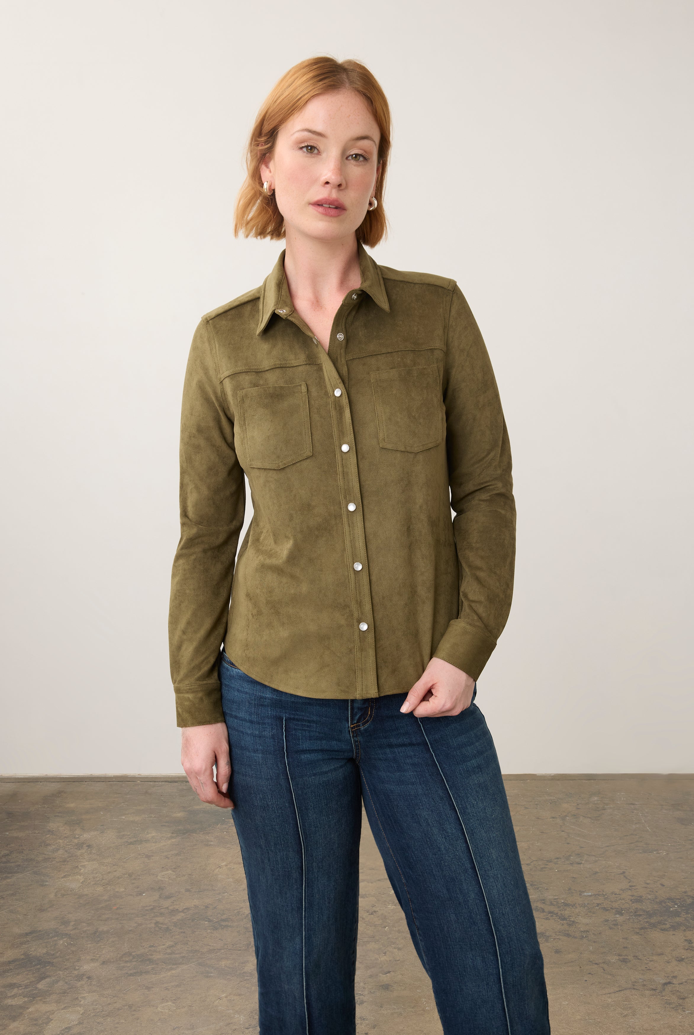 Front view of olive suede shirt with button front and chest pockets by French Dressing Jeans (FDJ)