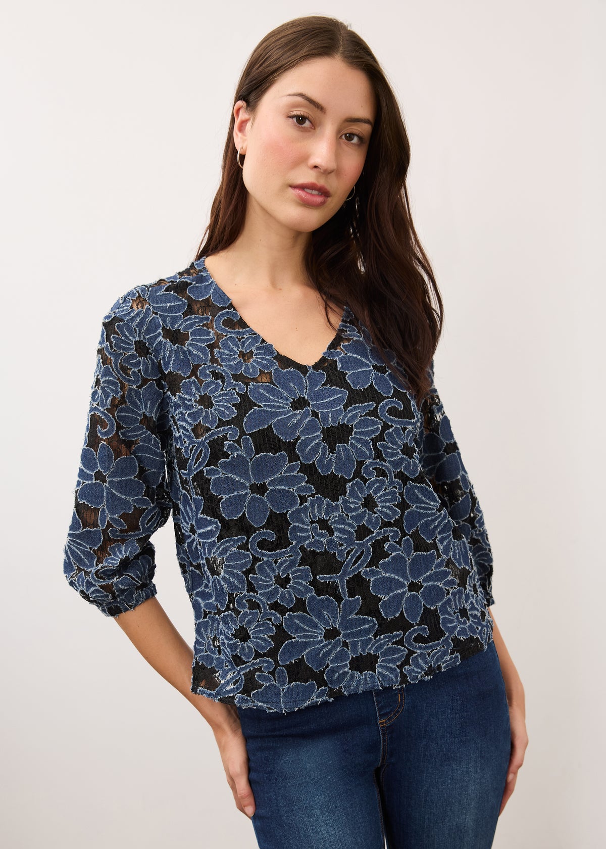 Front view of floral lace blouse with v-neck and 3/4 sleeves by French Dressing Jeans (FDJ)