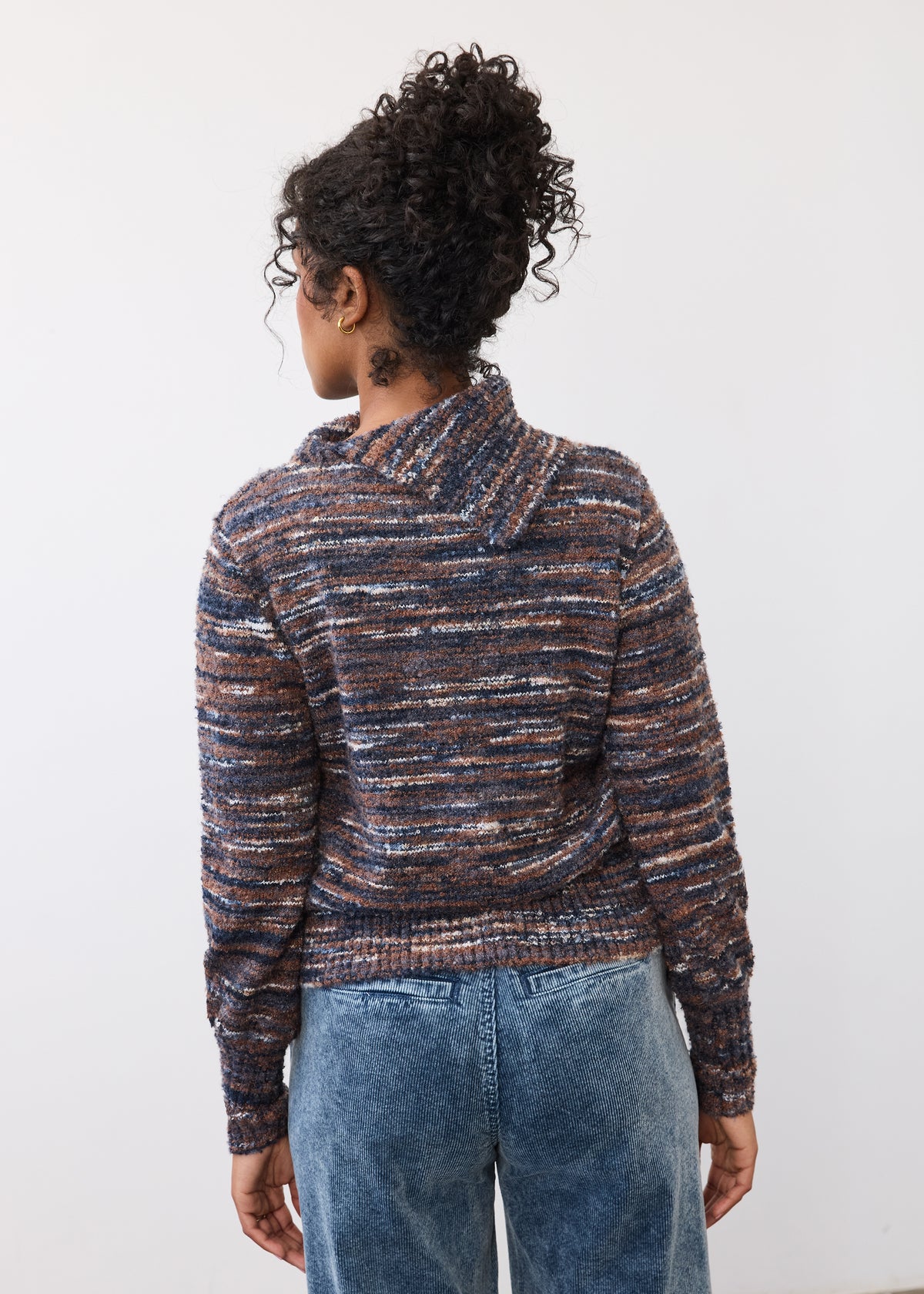 Back view of indigo spacedye sweater showing enveloppe collar and ribbed hem by French Dressing Jeans (FDJ)