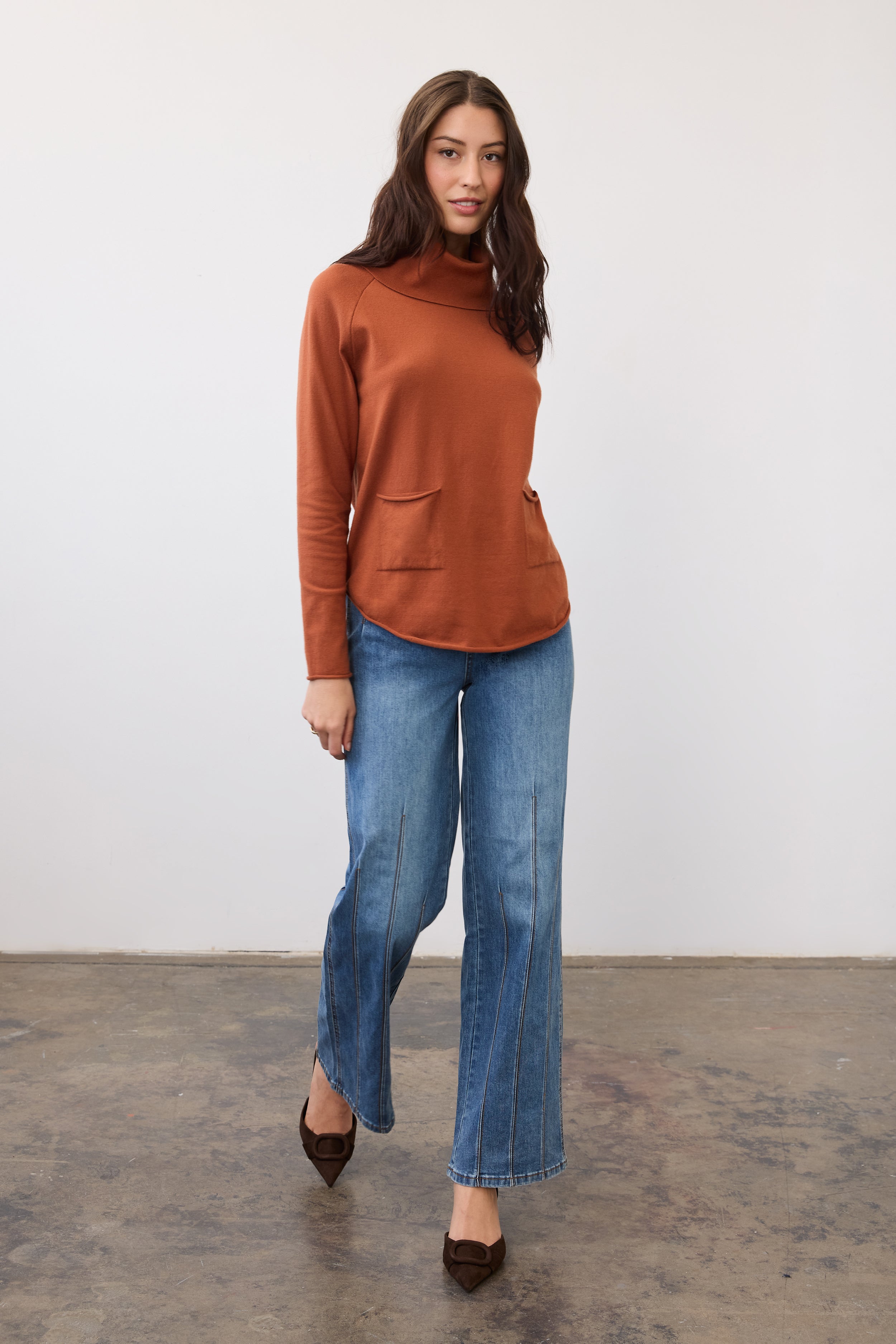 Full view of indigo jeans with seam detailing and mid-rise fit by French Dressing Jeans (FDJ)