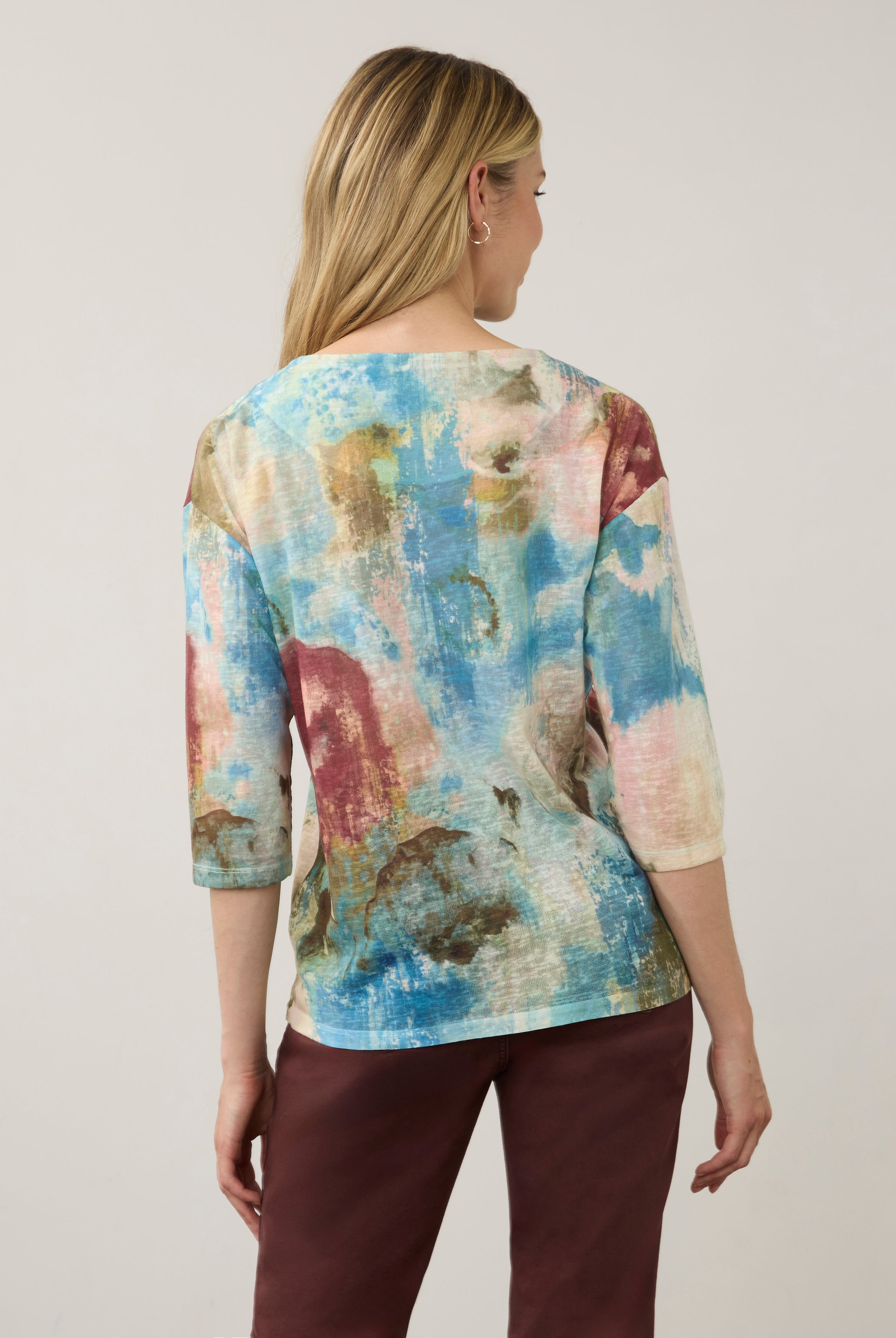 Back view of vibrant pastel Henley top featuring abstract pattern and 3/4 sleeves by French Dressing Jeans (FDJ)