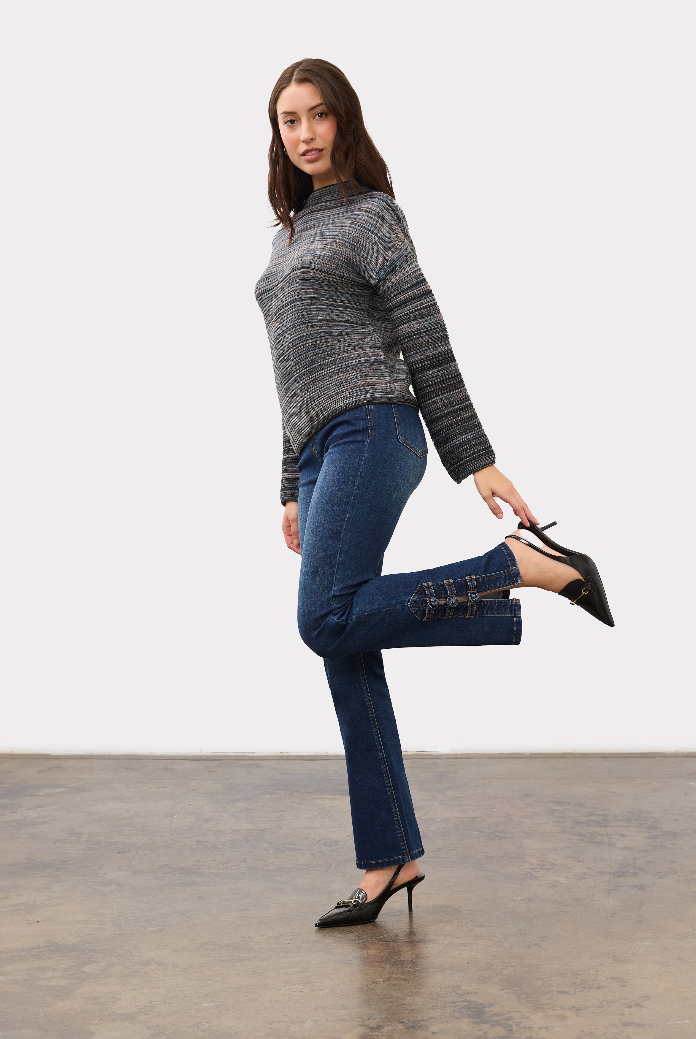 Full body view of multicolored striped sweater with brown pants by French Dressing Jeans (FDJ)