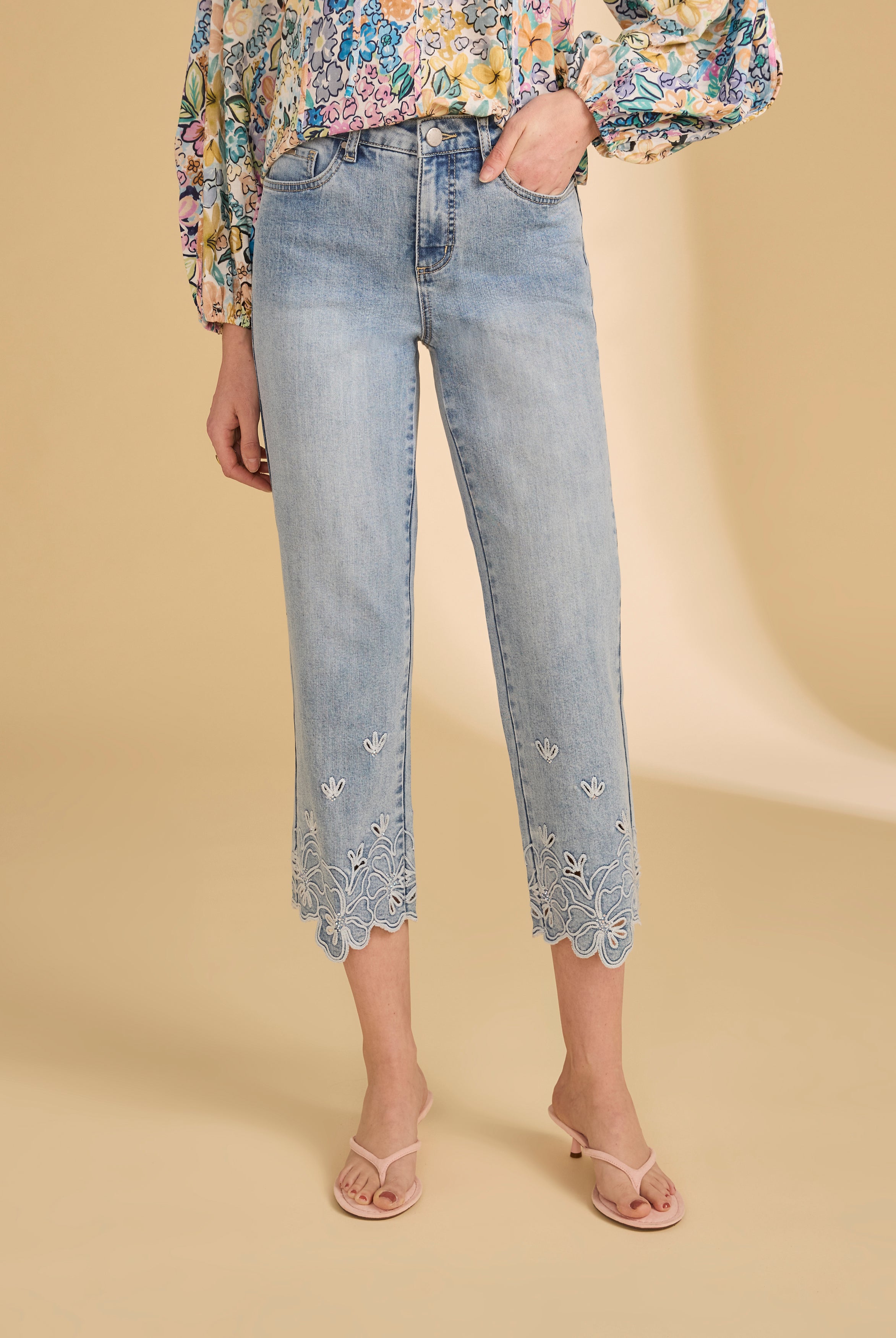 Front view of ocean denim jeans with floral hem embroidery by French Dressing Jeans (FDJ)
