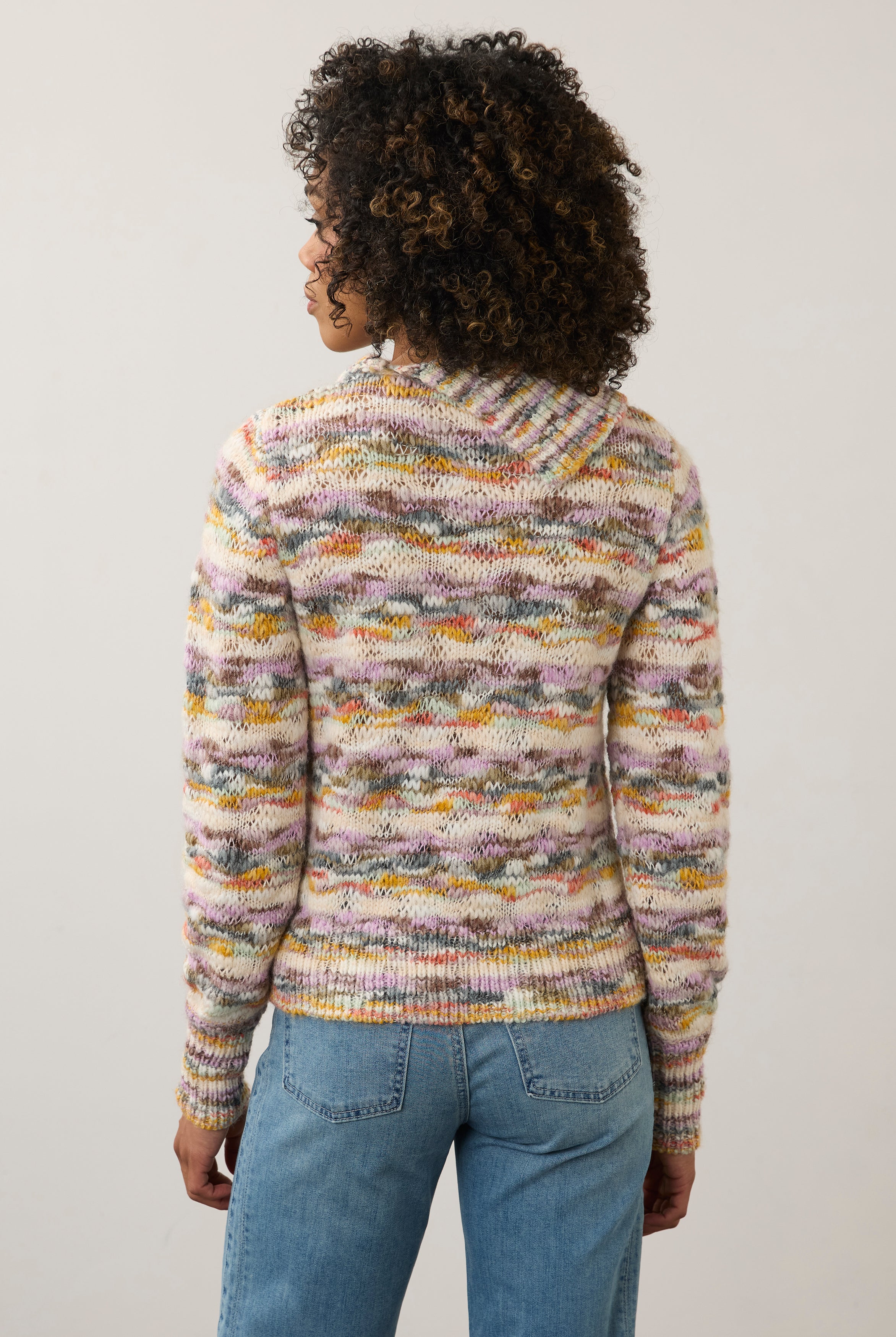 Back view of pastel cowl neck sweater, emphasizing the knit pattern by French Dressing Jeans (FDJ)