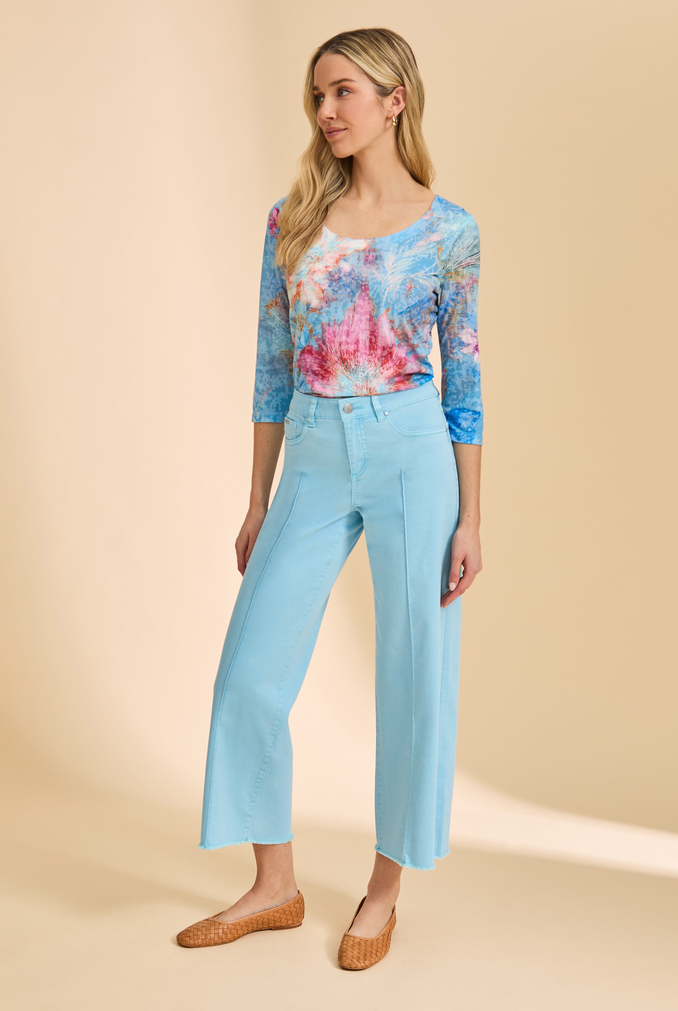 Floral top with Pacific Blue wide-leg pants full view by French Dressing Jeans (FDJ)