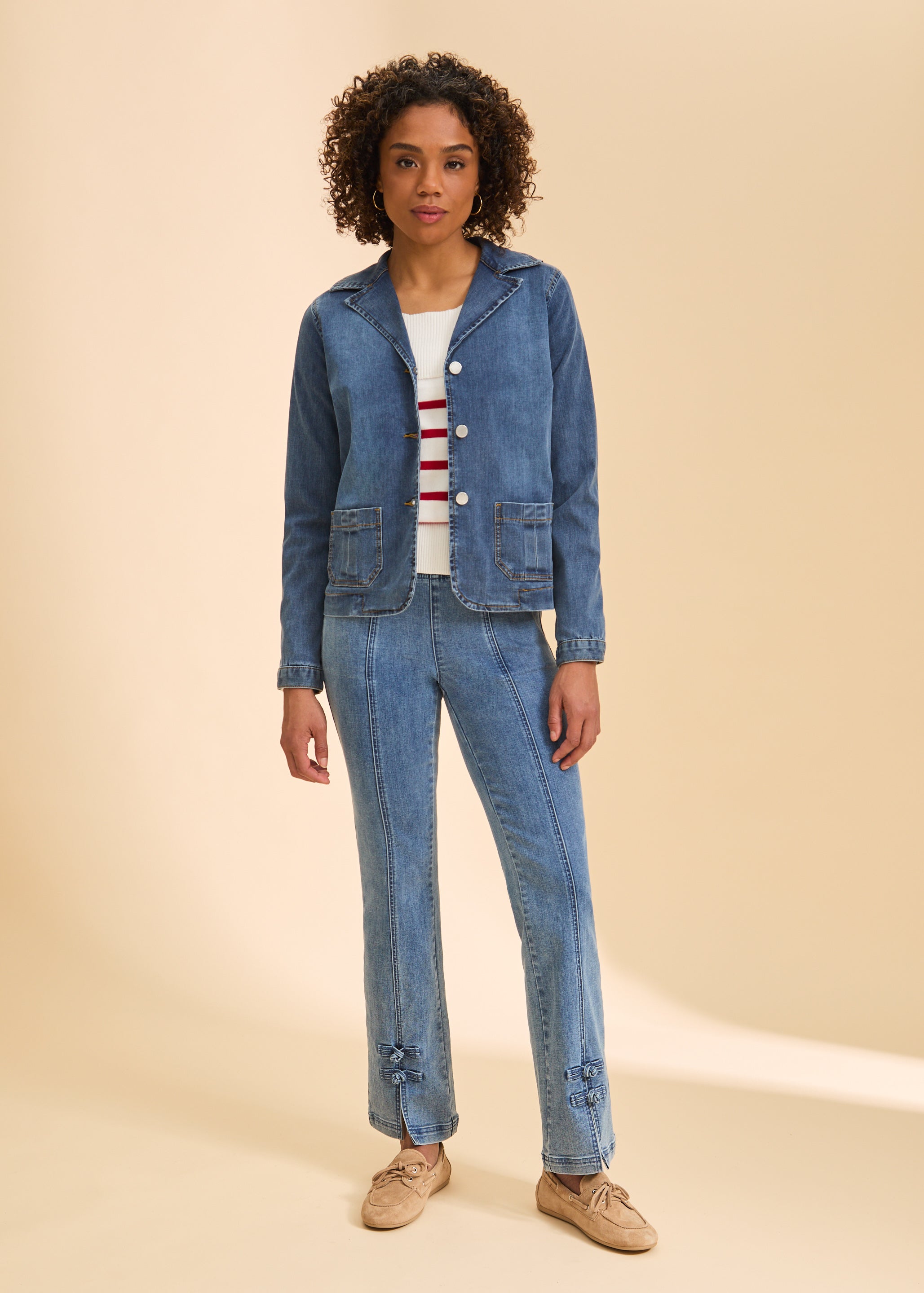 Full body view of denim blazer jacket with mid-rise jeans and casual shoes by French Dressing Jeans (FDJ)