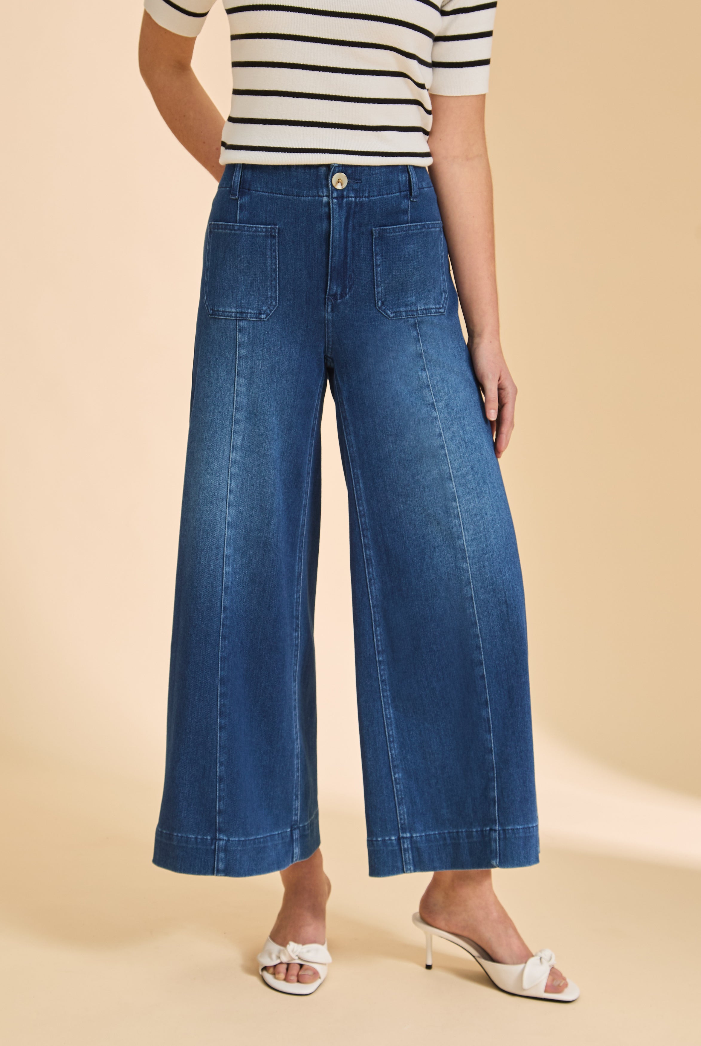 Close-up of dark blue wide-leg denim pants showing front patch pockets by French Dressing Jeans (FDJ)