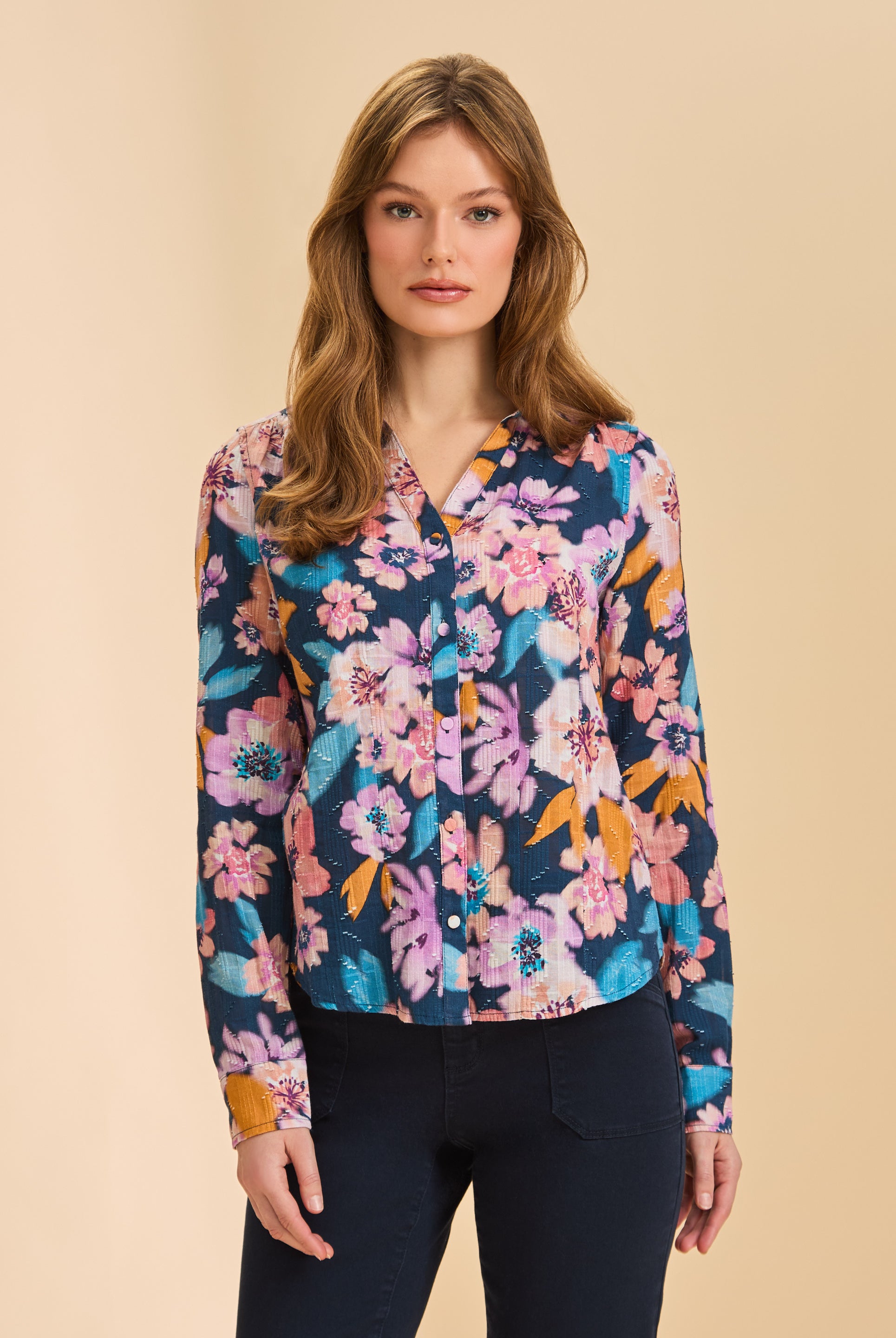 Front view of navy floral shirt with split neck and button front by French Dressing Jeans (FDJ)