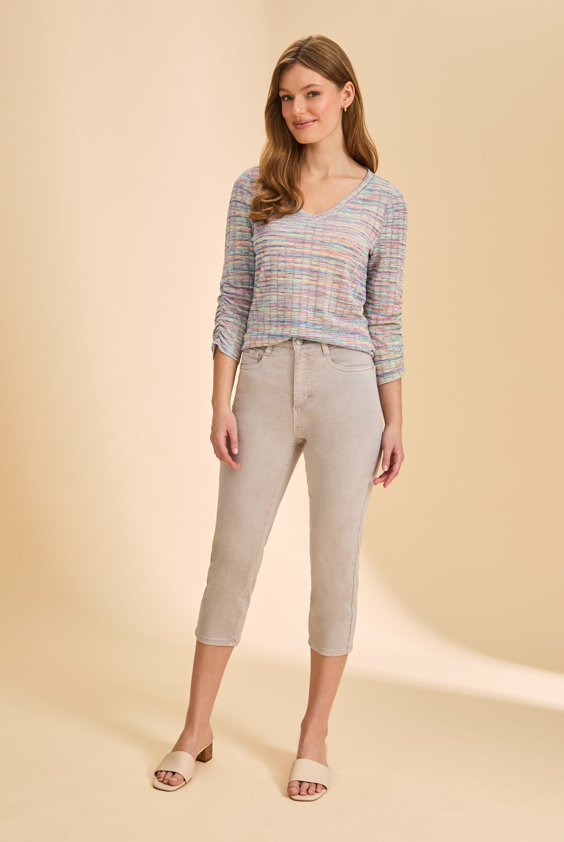 Front view of taupe cropped jeans, styled with colorful top by French Dressing Jeans (FDJ)
