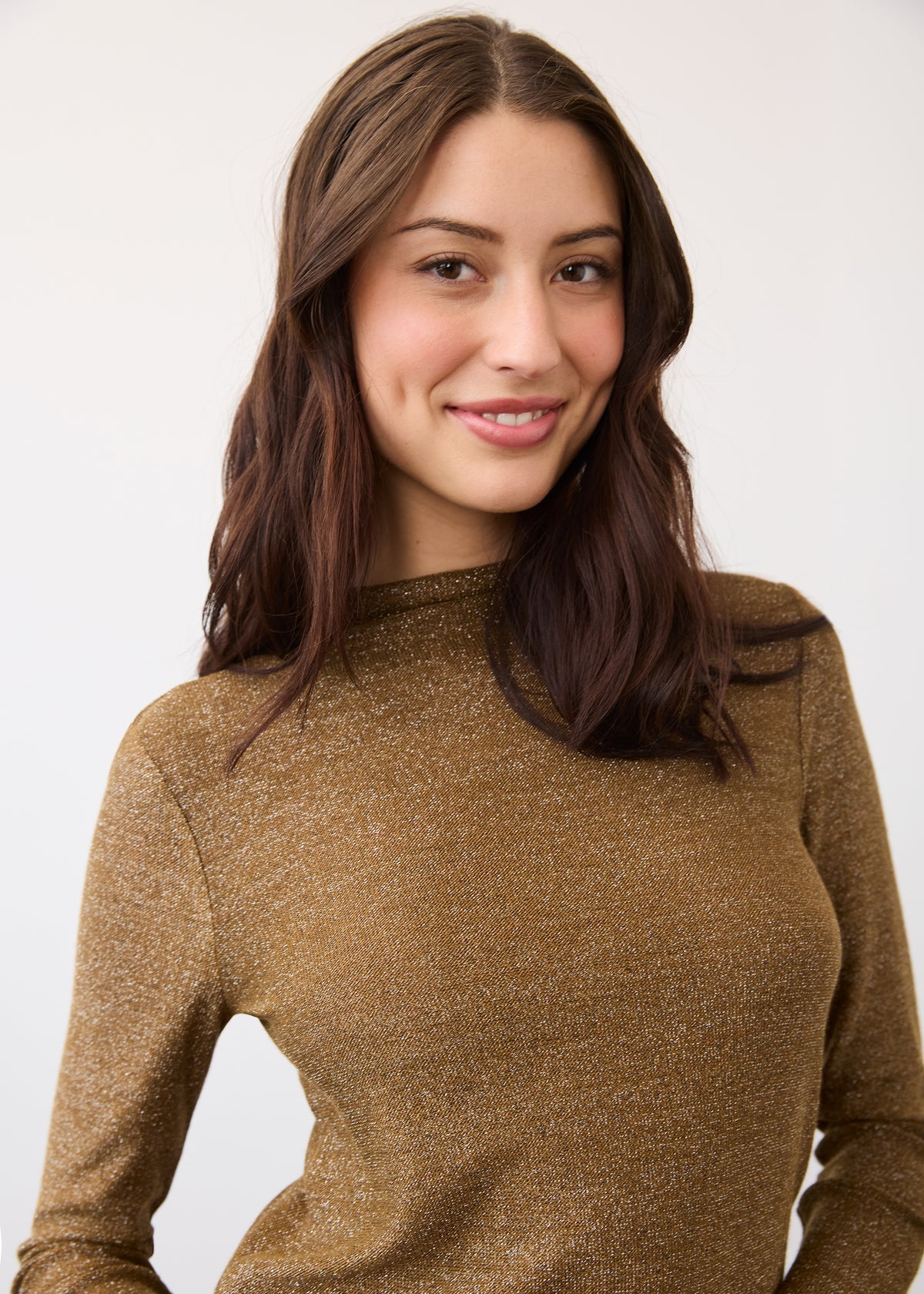 Close-up of gold shimmer top highlighting fabric texture and fit by French Dressing Jeans (FDJ)