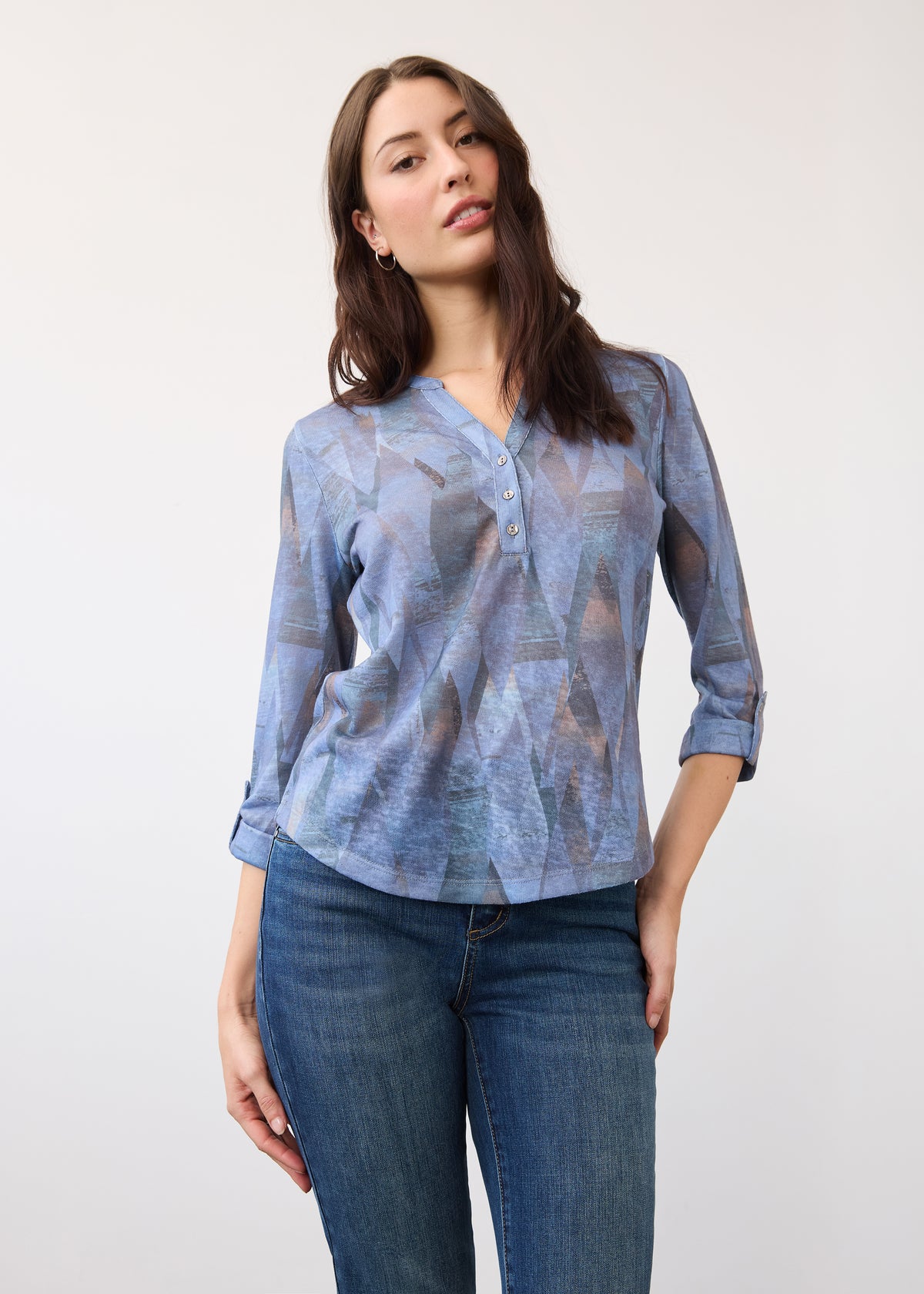 Front view of 3/4 sleeve indigo Henley top with geometric print and V-neck detail by French Dressing Jeans (FDJ)