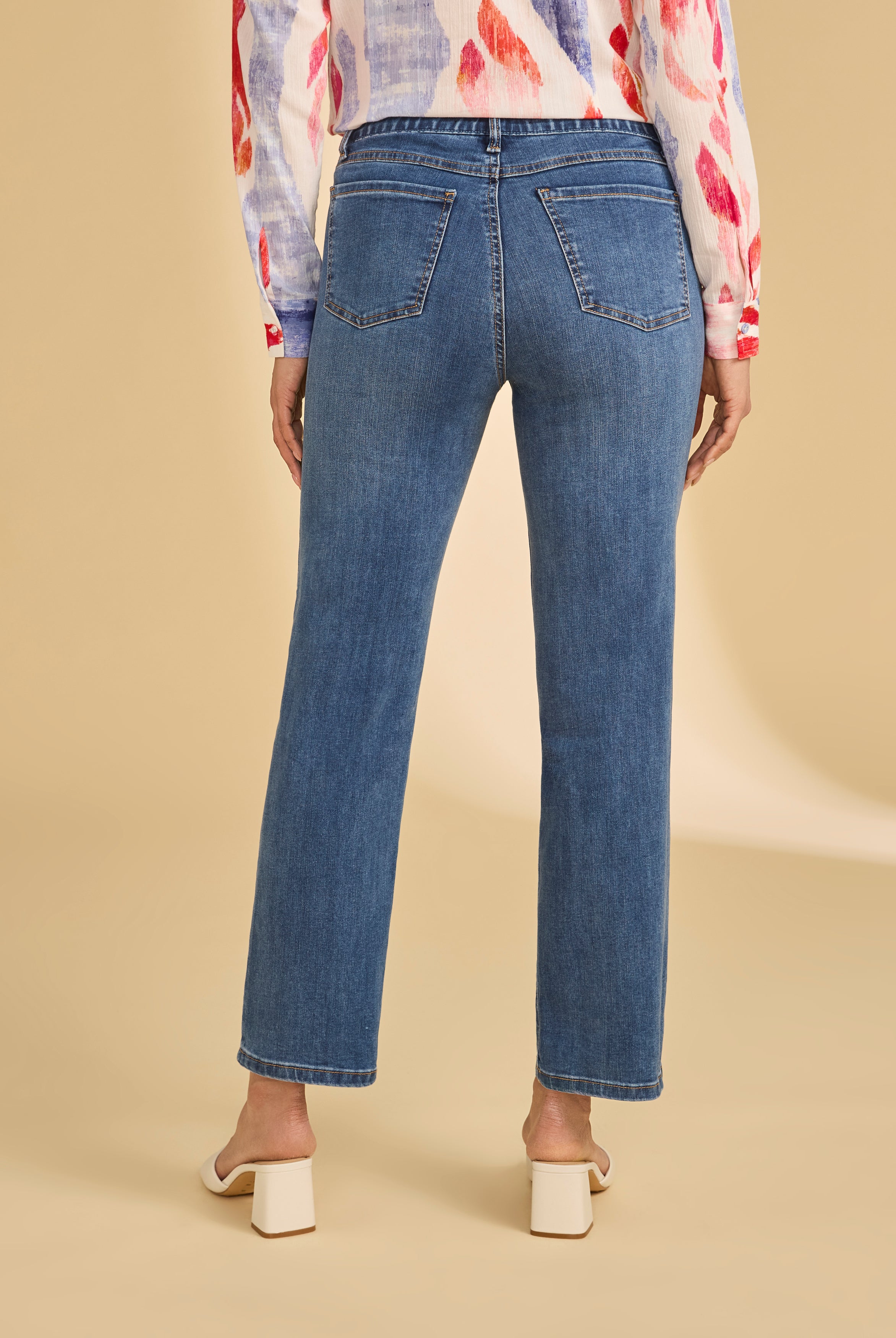 Back view of dark wash pull-on ankle jeans featuring patch pockets and straight leg by French Dressing Jeans (FDJ)