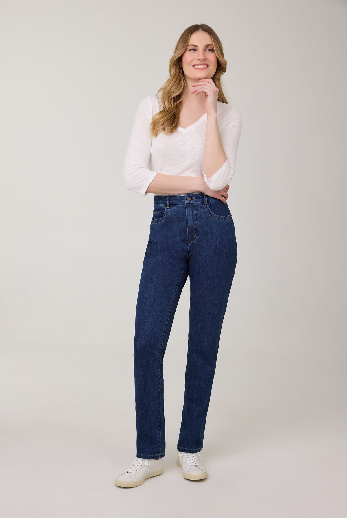 Full front view of model wearing Delight straight leg jeans by French Dressing Jeans (FDJ)