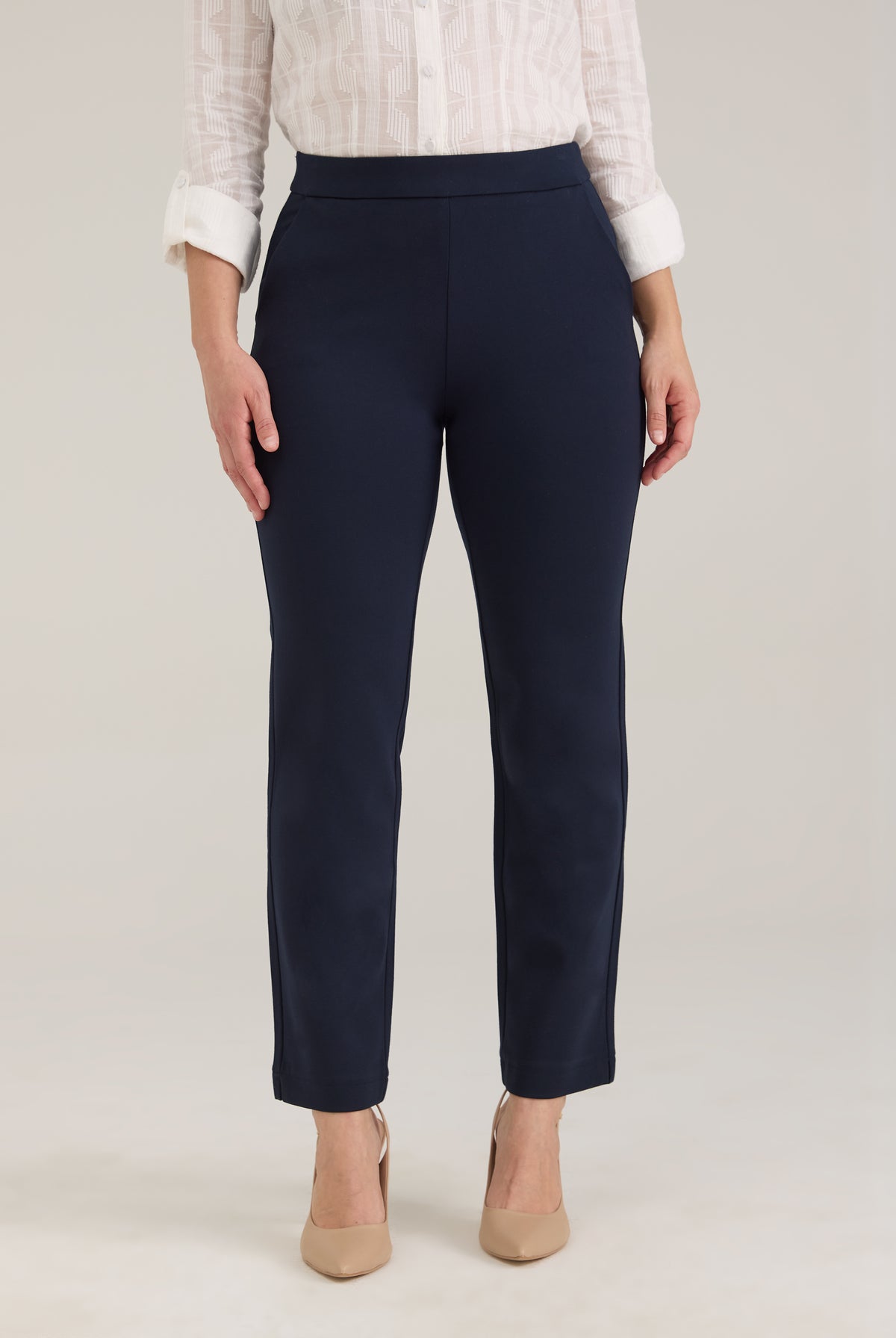 Front view of navy Ponte pull-on straight ankle pants with mid-rise waist by French Dressing Jeans (FDJ)