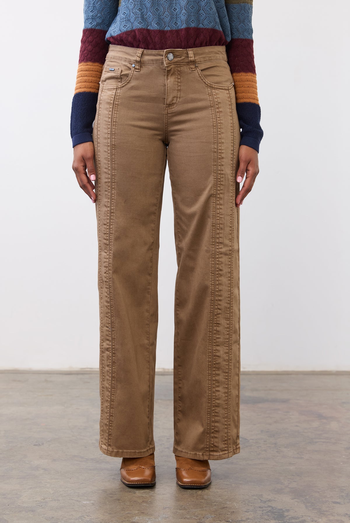 Front view of women's maple wide leg denim showcasing mid-rise waist and front patch pockets by French Dressing Jeans (FDJ)