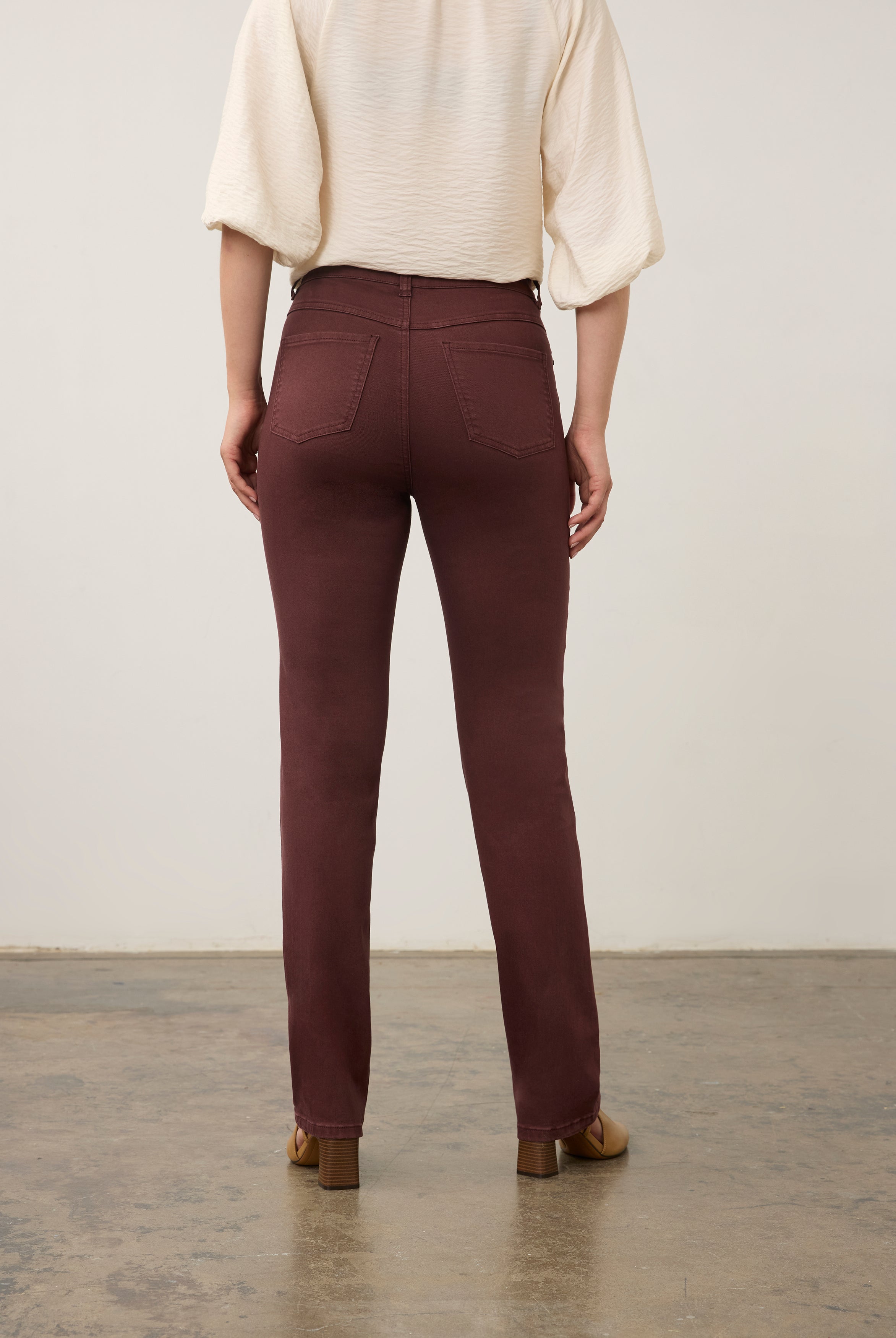 Back view of burgundy straight ankle denim highlighting patch pockets by French Dressing Jeans (FDJ) par French Dressing Jeans (FDJ)
