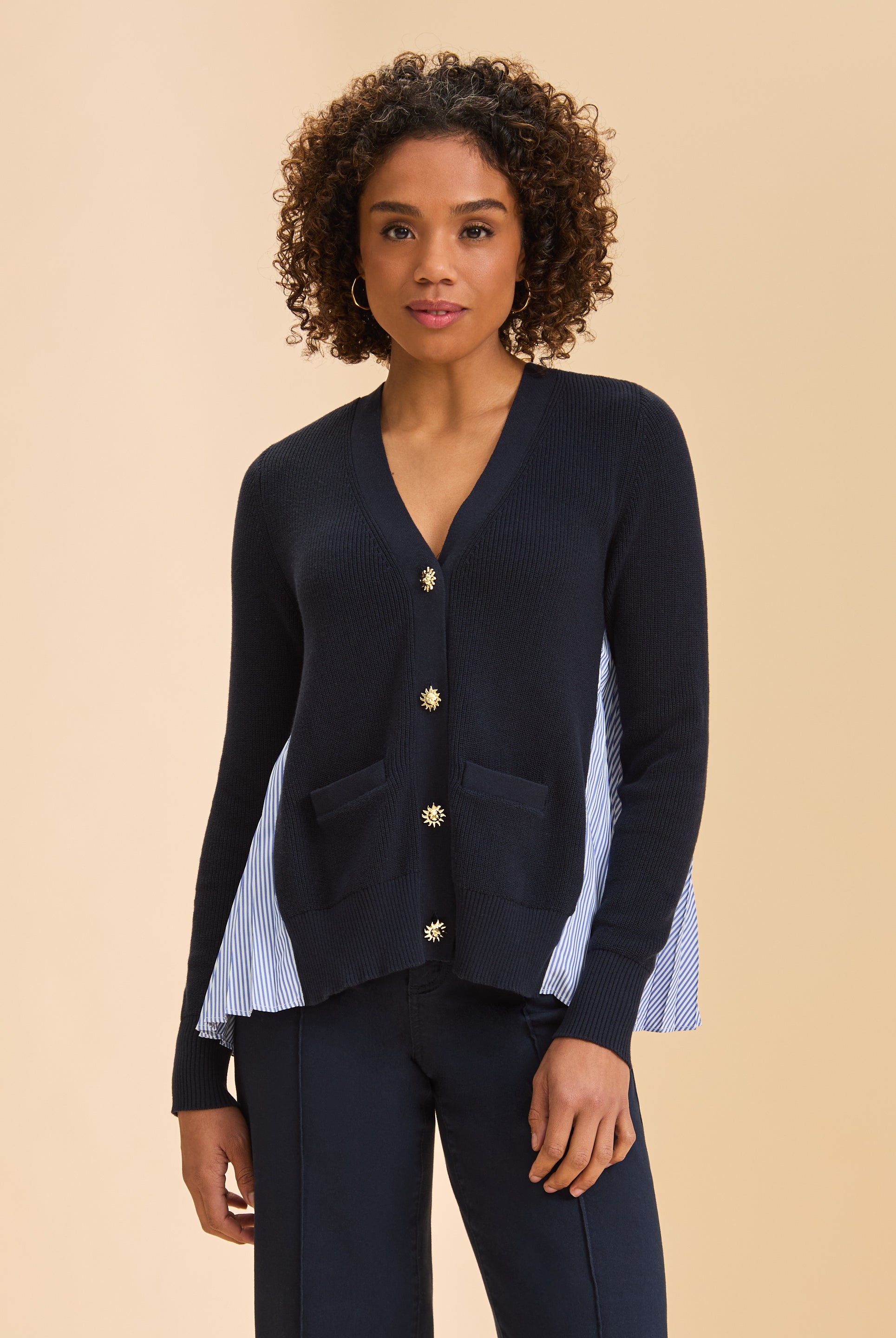 Front view of navy cardigan with gold buttons and striped side panels by French Dressing Jeans (FDJ)
