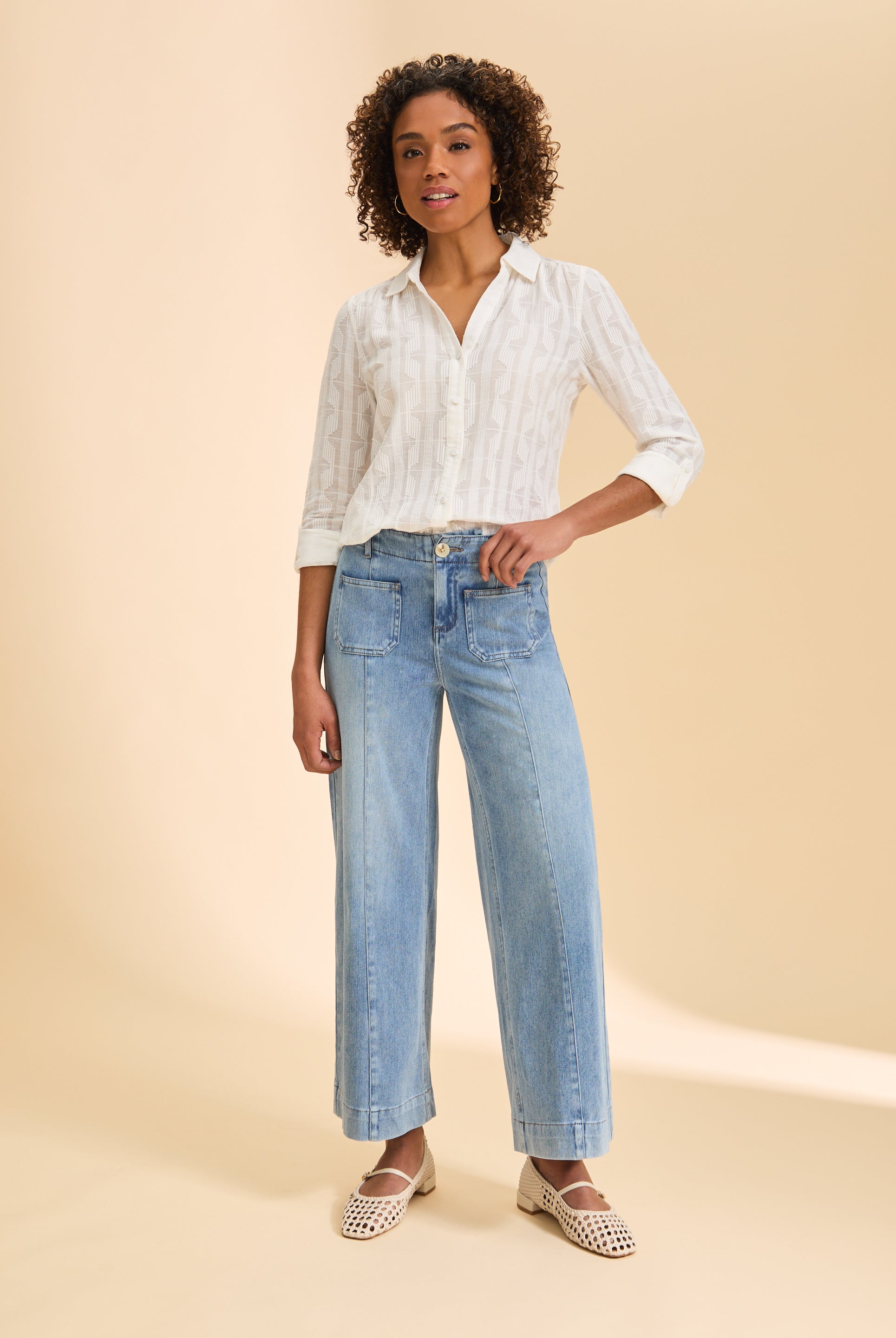 White blouse with light blue wide-leg jeans, full view by French Dressing Jeans (FDJ)