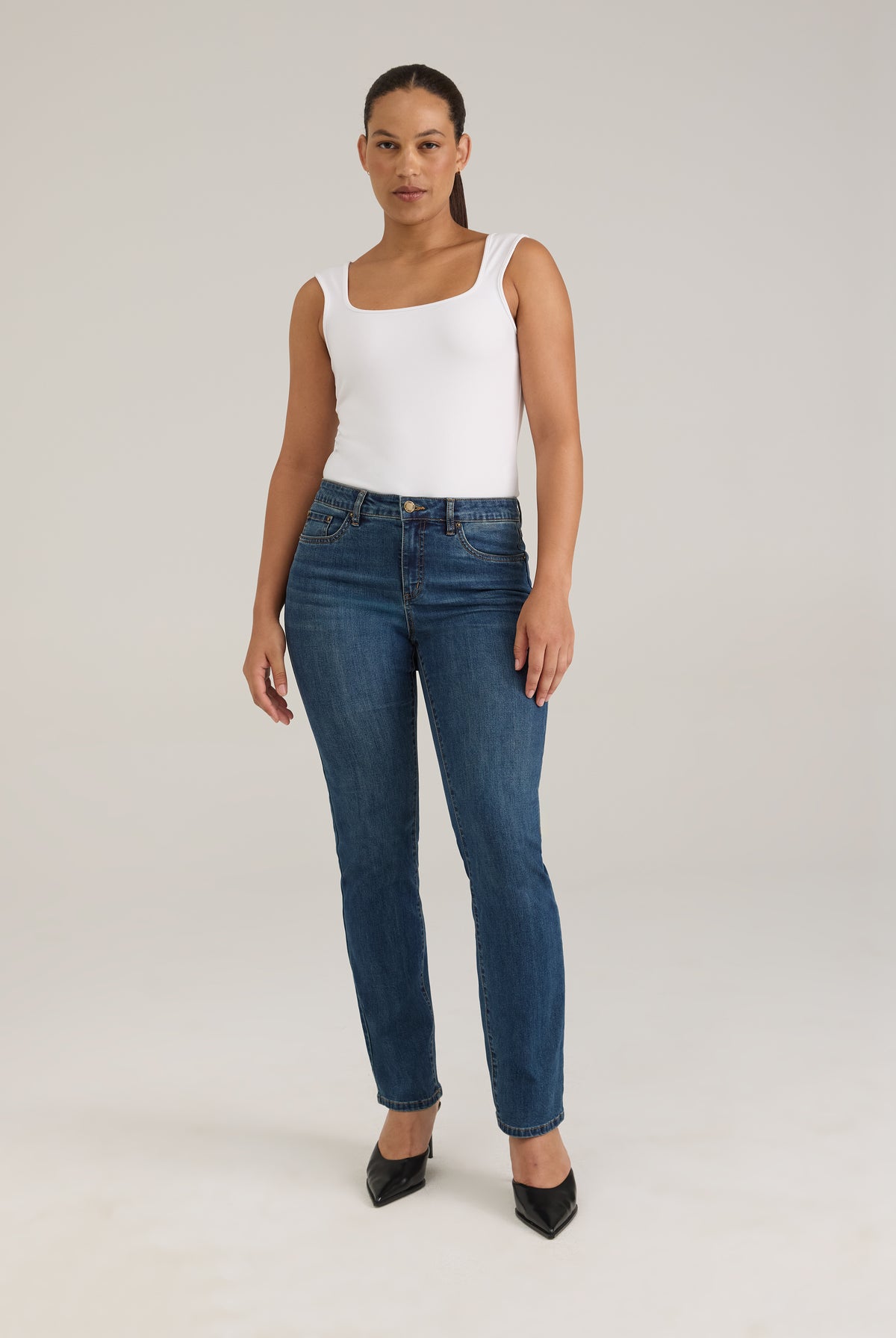 Full front view of Olivia straight leg denim in dark wash with mid-rise and slim fit by French Dressing Jeans (FDJ)