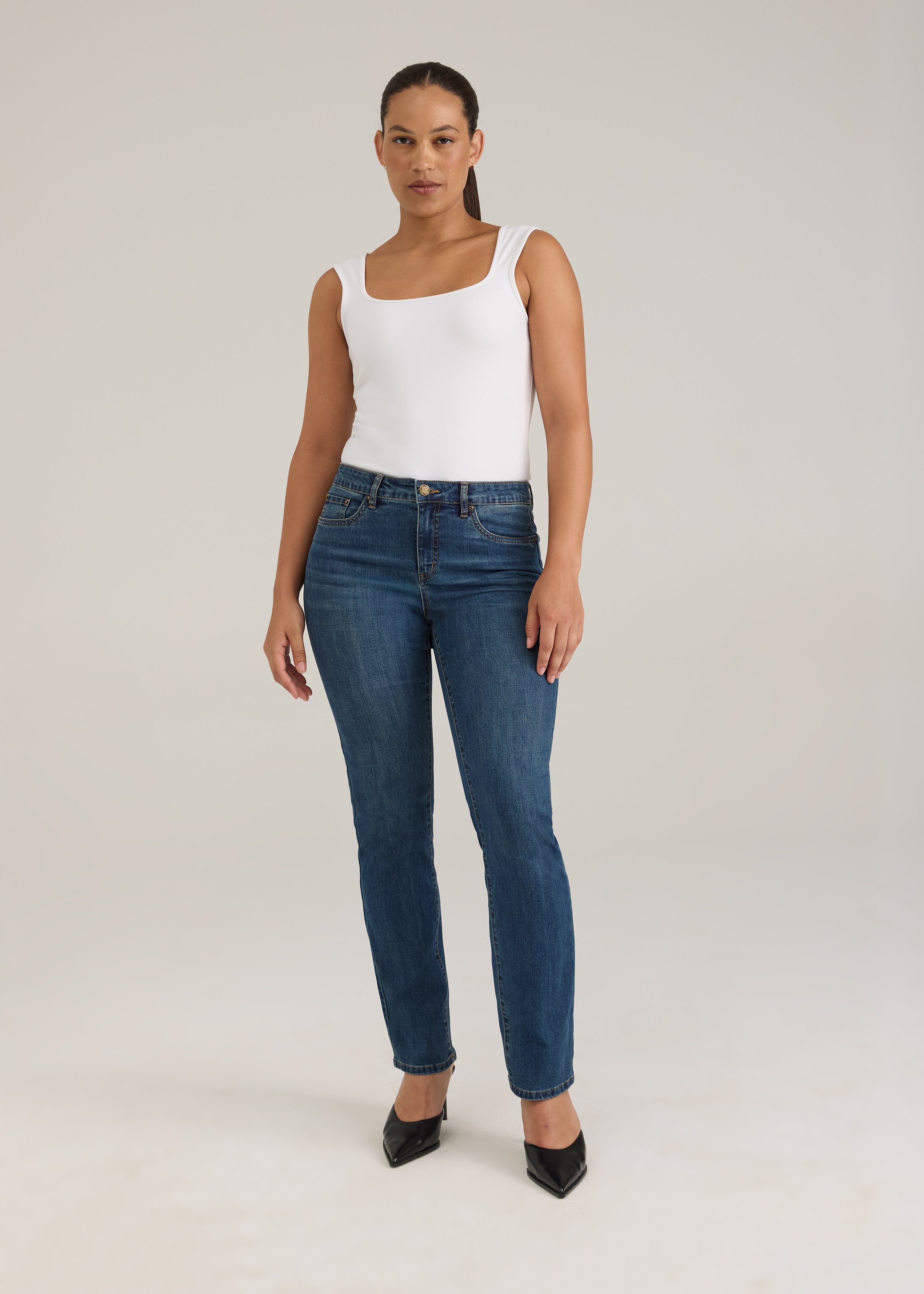 Full front view of Olivia straight leg denim in dark wash with mid-rise and slim fit by French Dressing Jeans (FDJ)