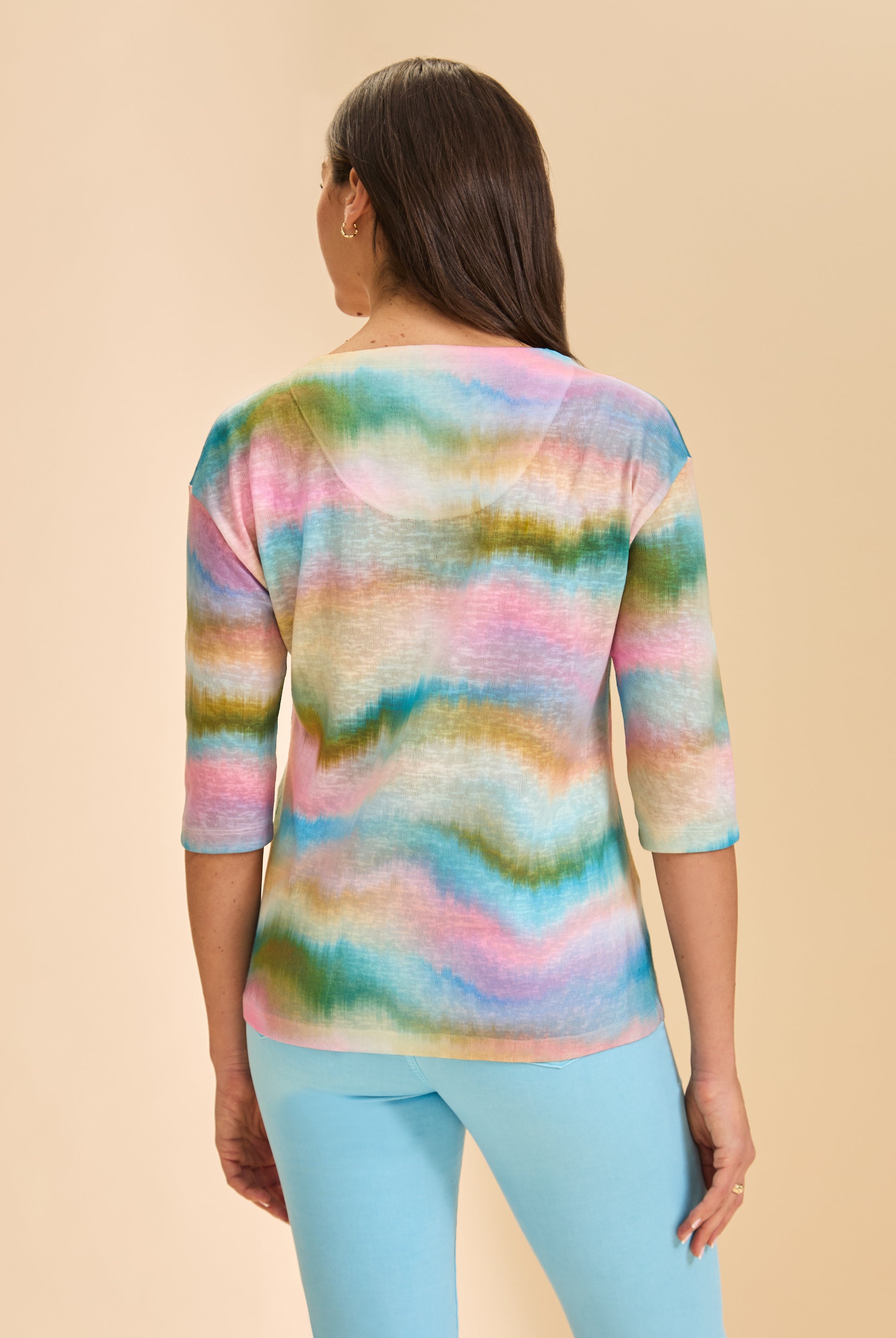 Back view showing multicolor stripe pattern on 3/4 sleeve top by French Dressing Jeans (FDJ)