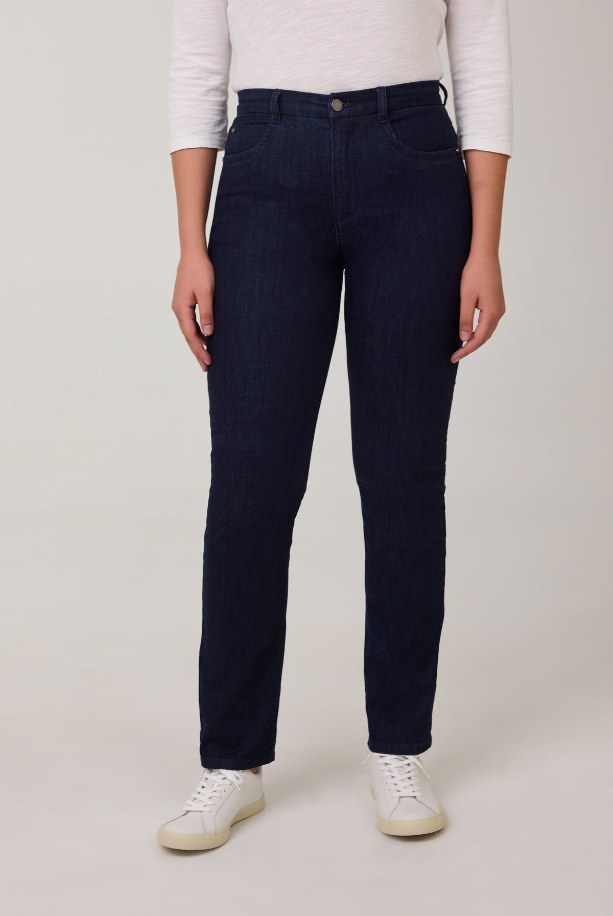 Front view of dark Delight high-rise jeans with straight fit by French Dressing Jeans (FDJ)
