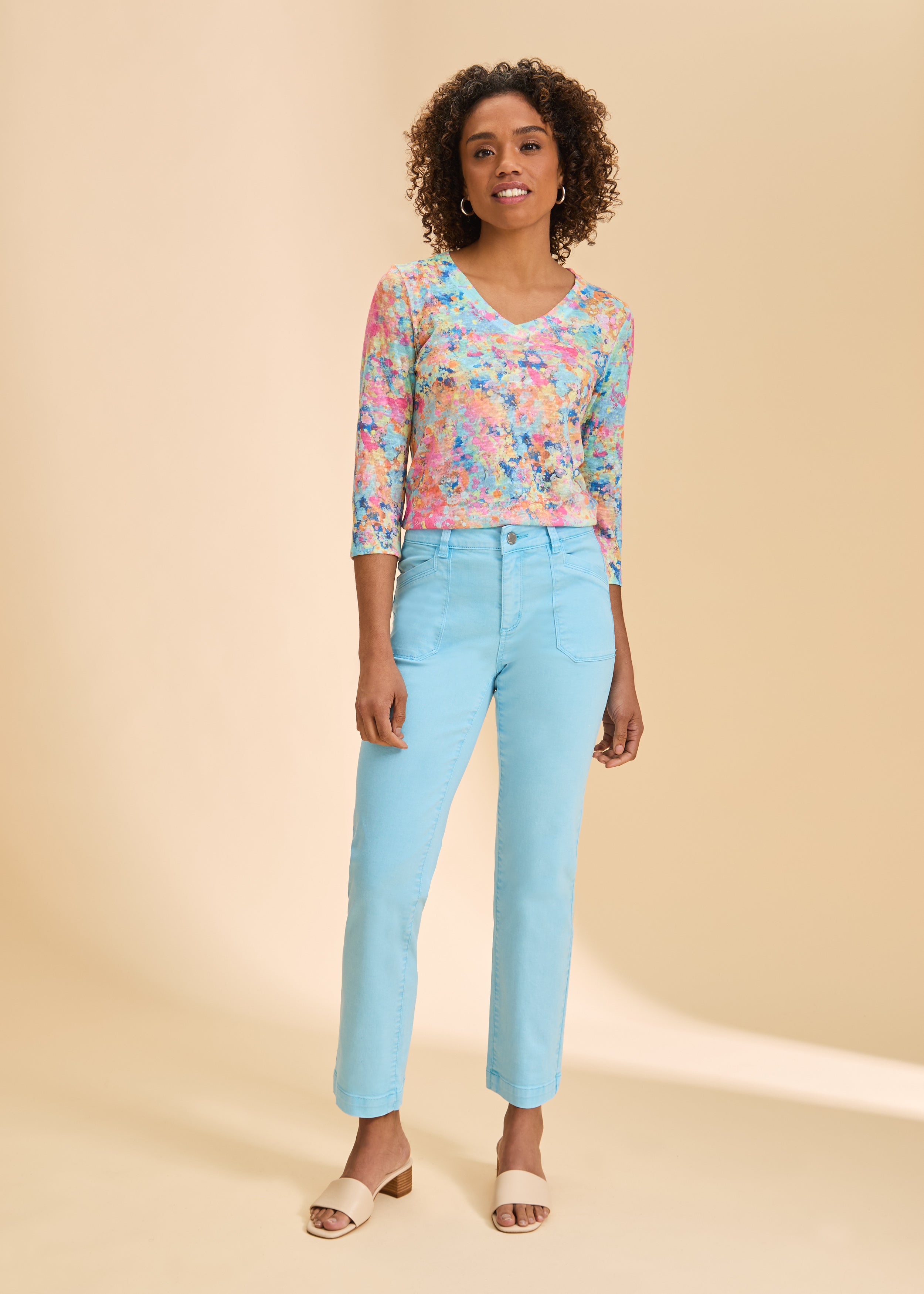 Floral top with Pacific Blue pants full view by French Dressing Jeans (FDJ)