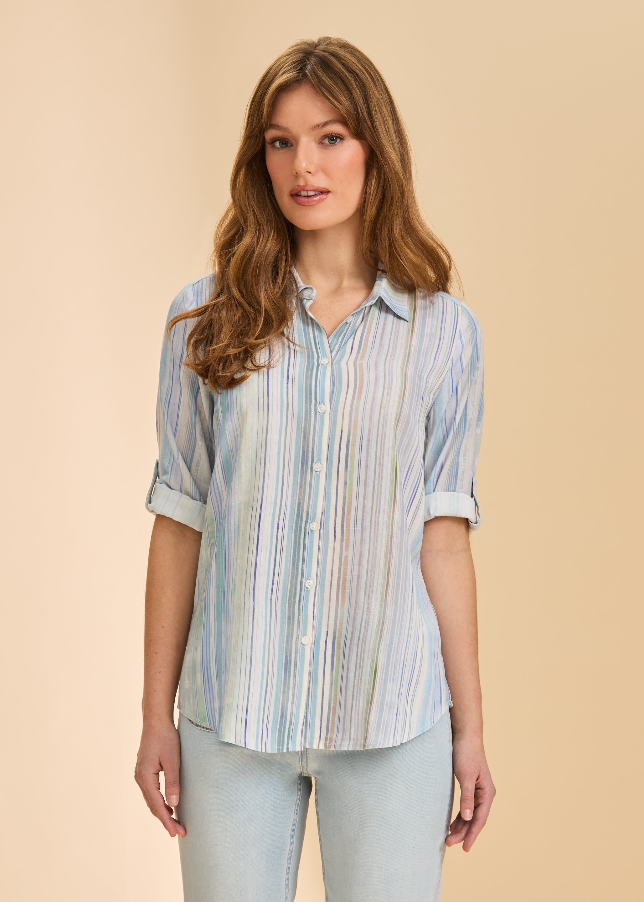 Front view of pastel striped shirt with button detail by French Dressing Jeans (FDJ)