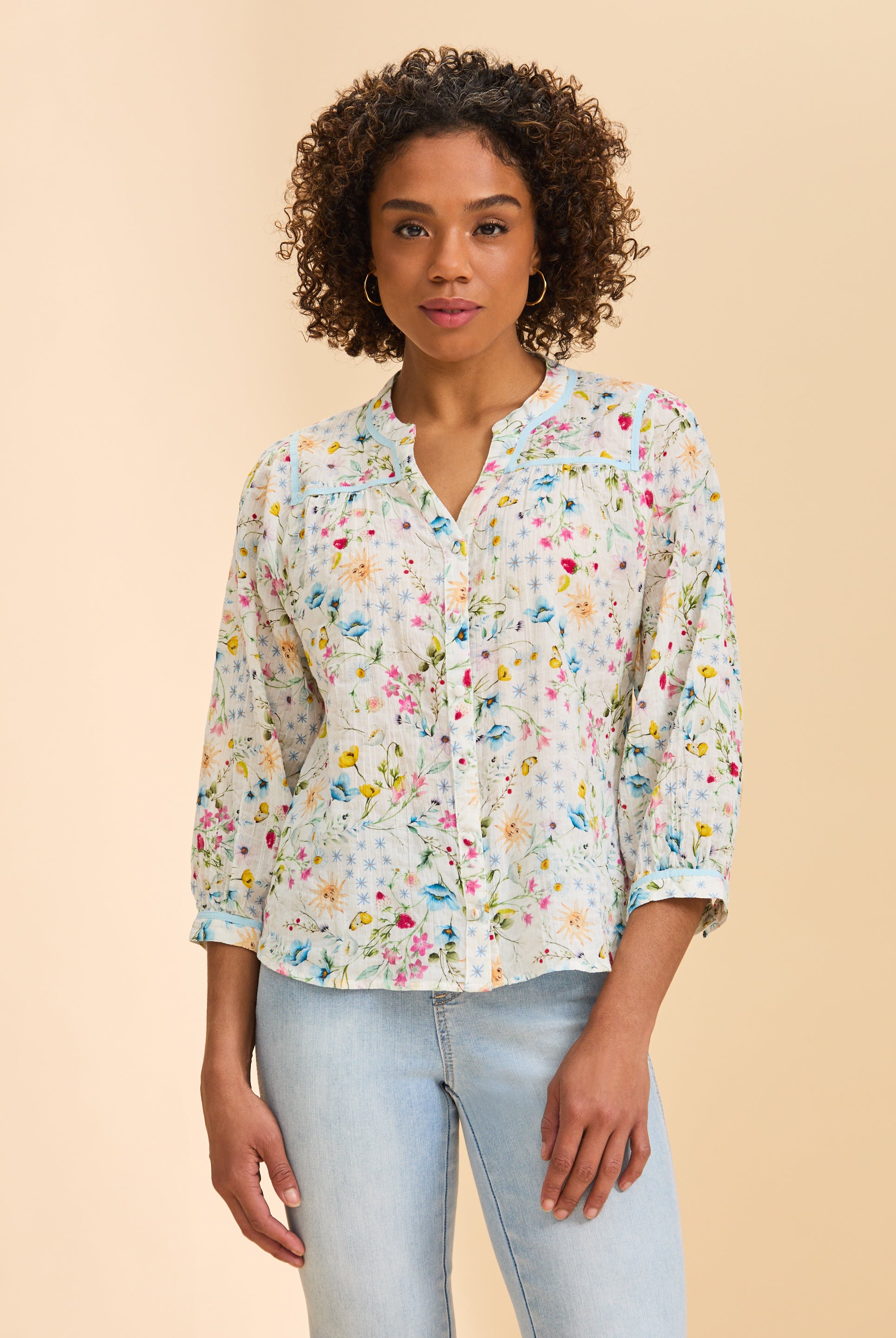 Front view of floral print blouse with button-up design by French Dressing Jeans (FDJ)