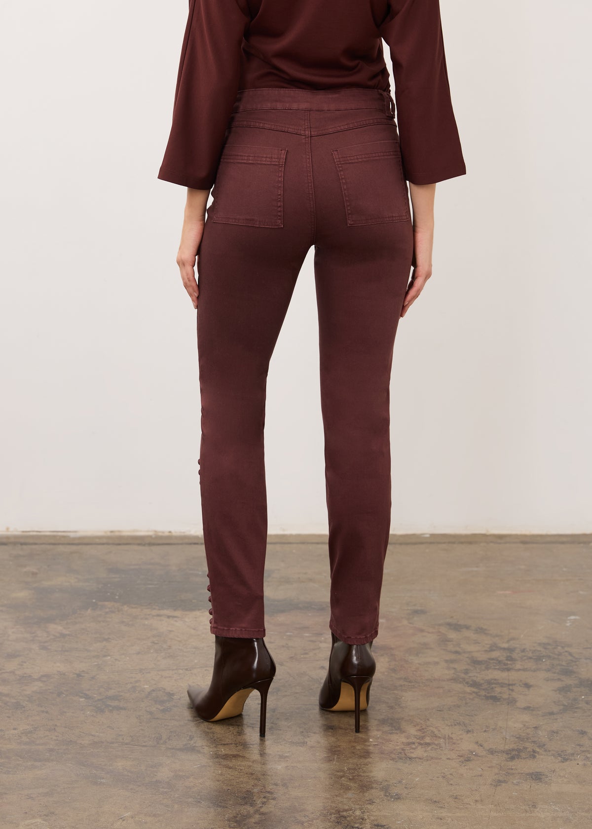 Back view of fig denim highlighting patch pockets and pencil leg fit by French Dressing Jeans (FDJ)