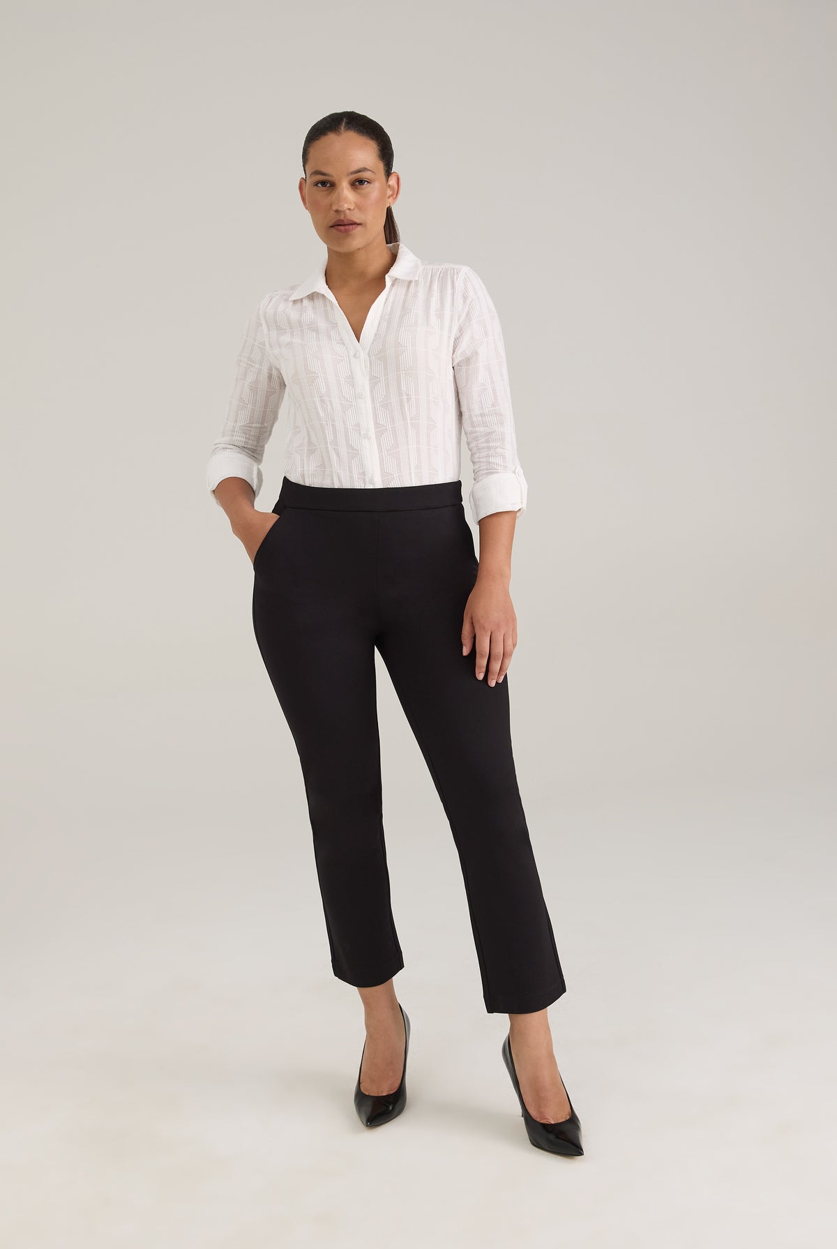 Full outfit with black Ponte pull-on pants highlighting comfort fit and style by French Dressing Jeans (FDJ)