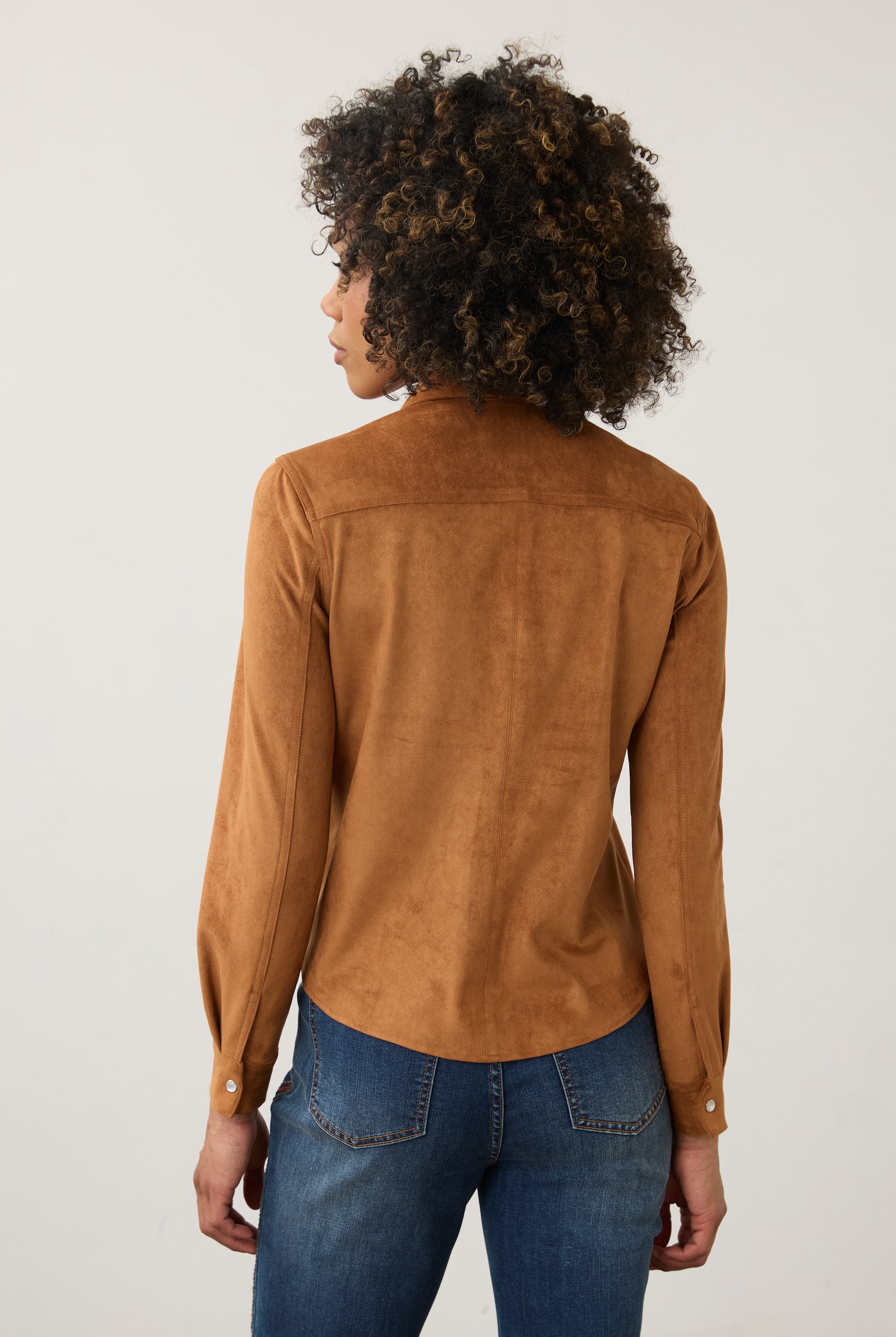 Back view of brown suede shirt showcasing smooth texture by French Dressing Jeans (FDJ)