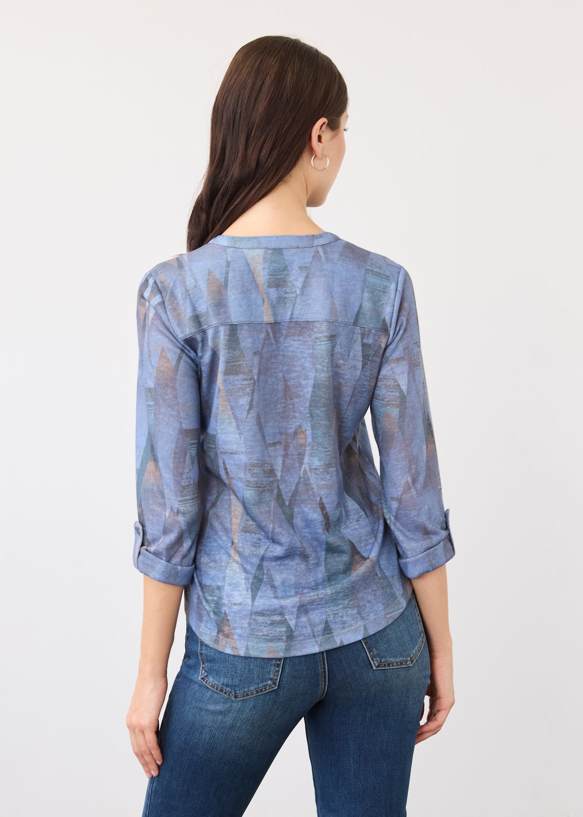 Back view of indigo Henley top displaying geometric print and relaxed fit by French Dressing Jeans (FDJ)
