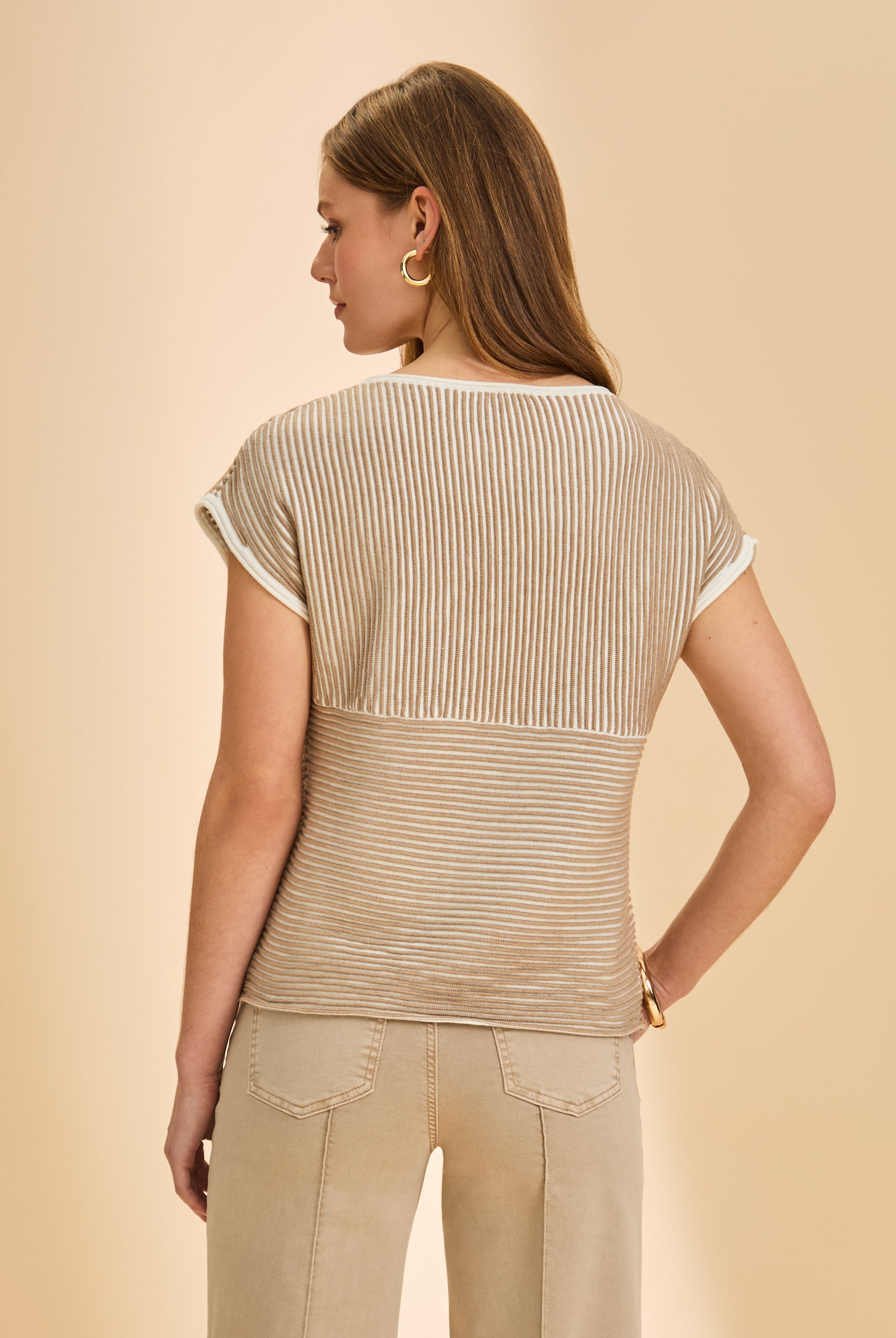 Back view of tan and white stripe sweater with rolled sleeves by French Dressing Jeans (FDJ)