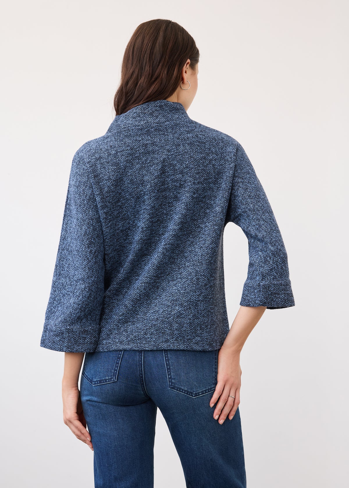 Back view of textured indigo top showing seamless design and relaxed fit by French Dressing Jeans (FDJ)