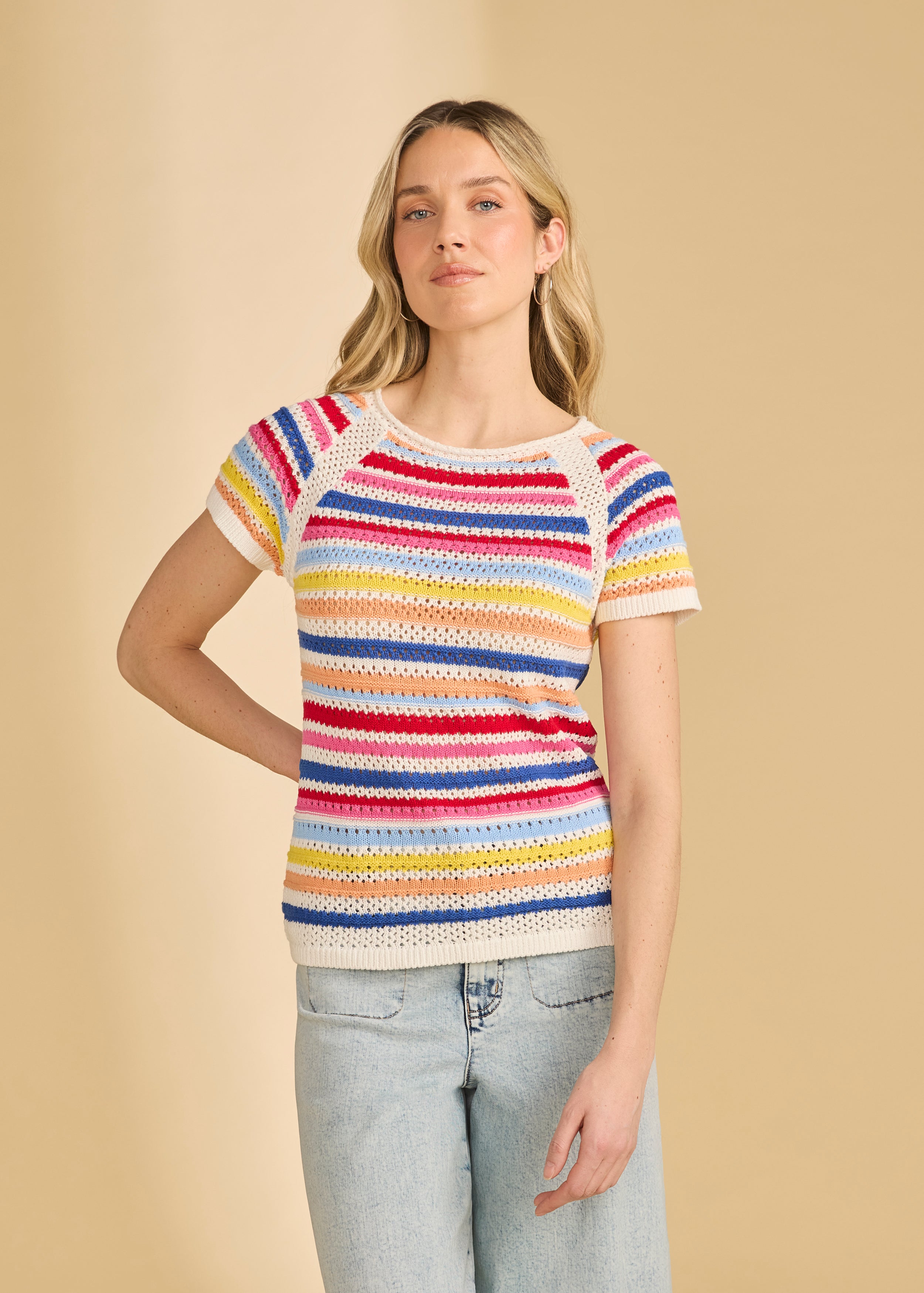 Front view of cap sleeve stripe sweater in multi-color with crew neck by French Dressing Jeans (FDJ)