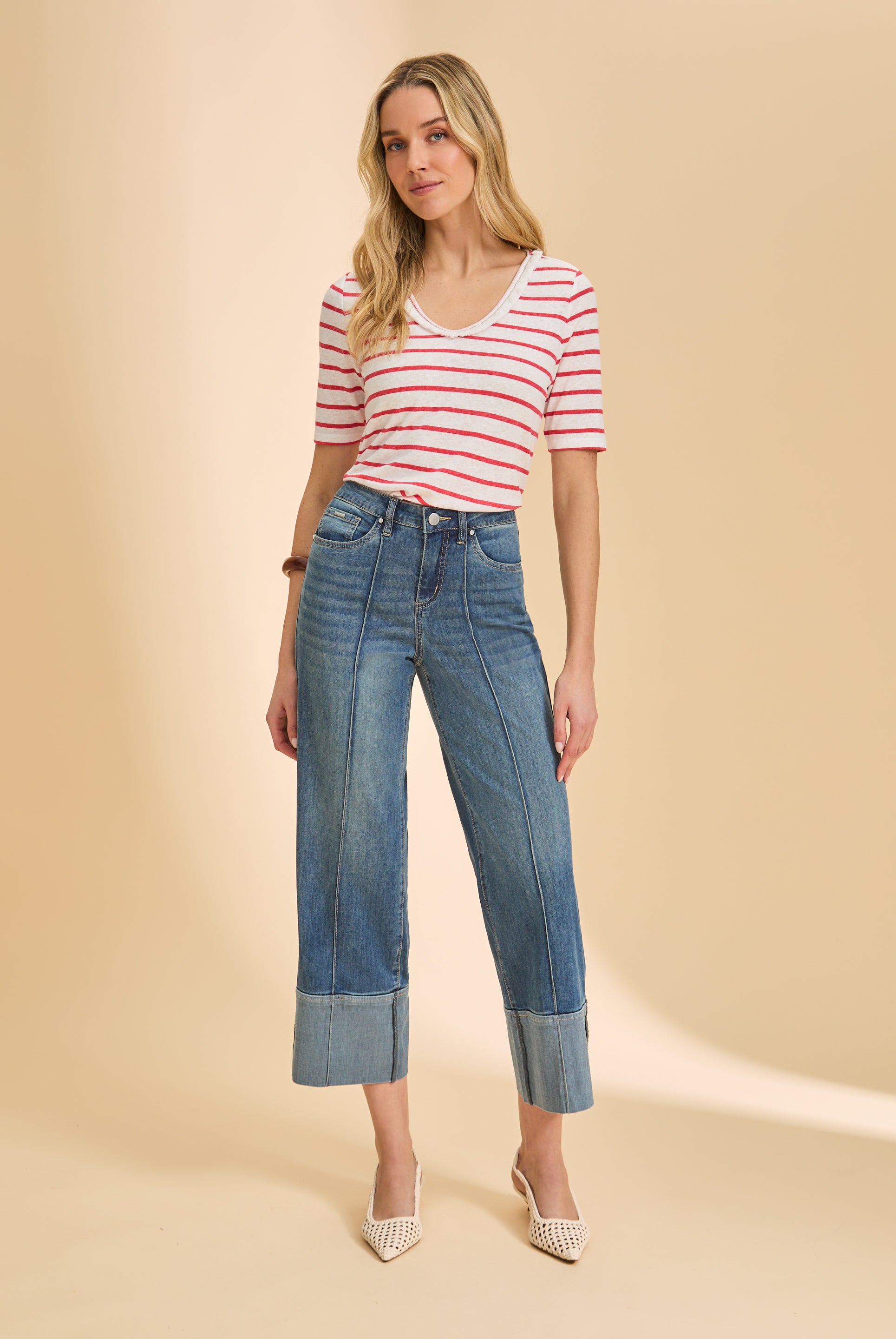 Full outfit with red striped V-neck top and wide-leg denim for a trendy style by French Dressing Jeans (FDJ)