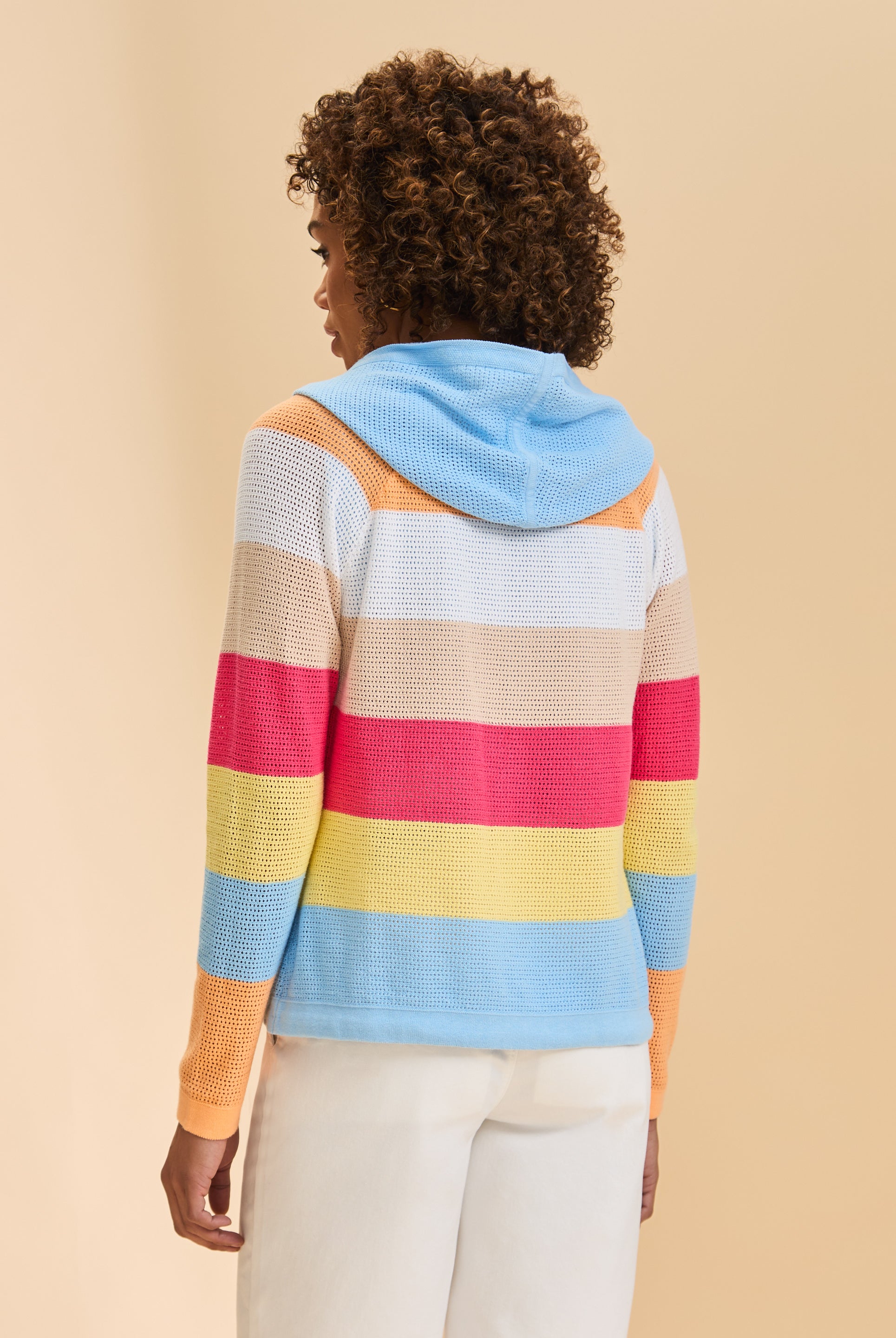 Back view of striped hooded cardigan showcasing colorful stripes and blue hood by French Dressing Jeans (FDJ)