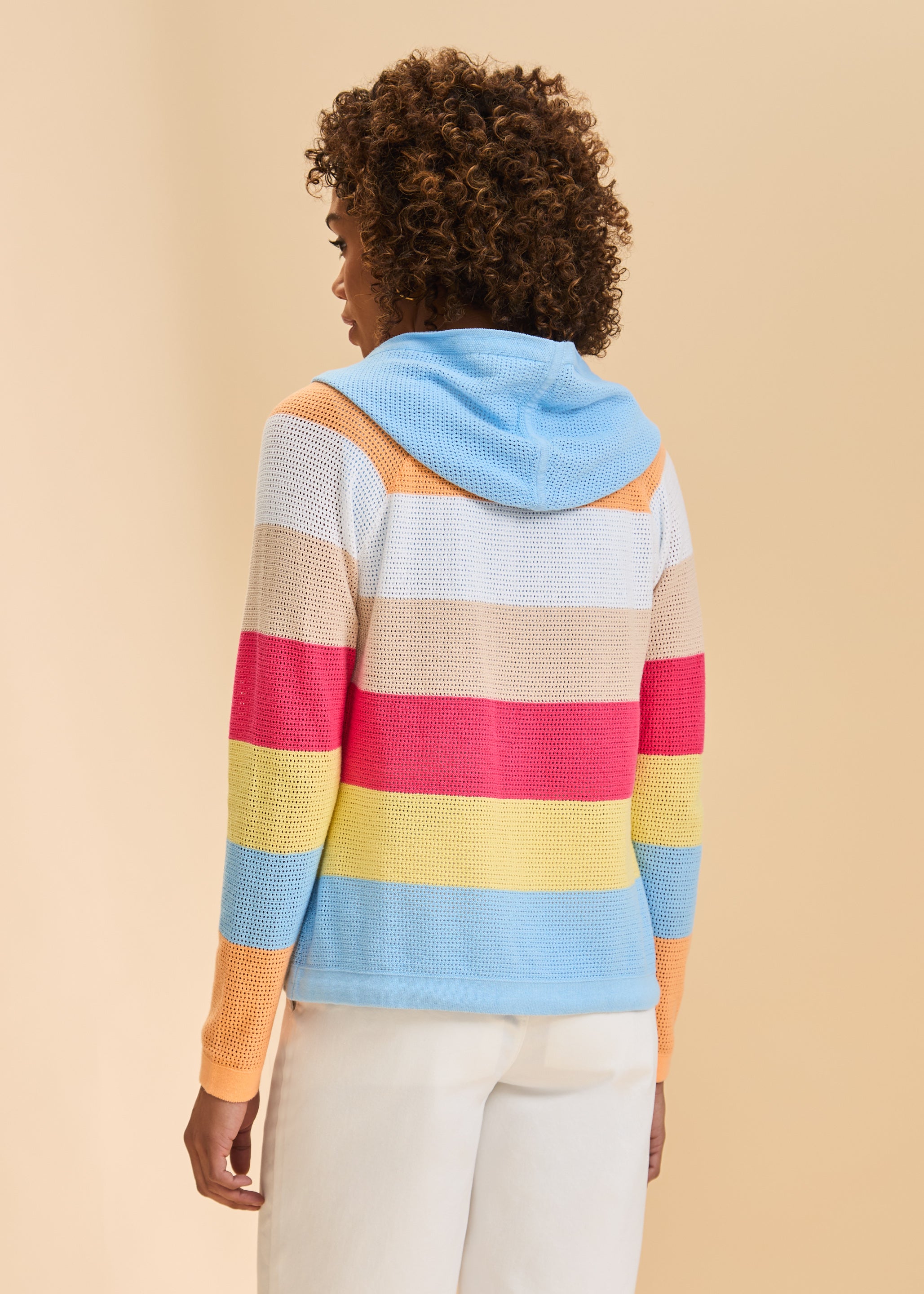Back view of striped hooded cardigan showcasing colorful stripes and blue hood by French Dressing Jeans (FDJ)