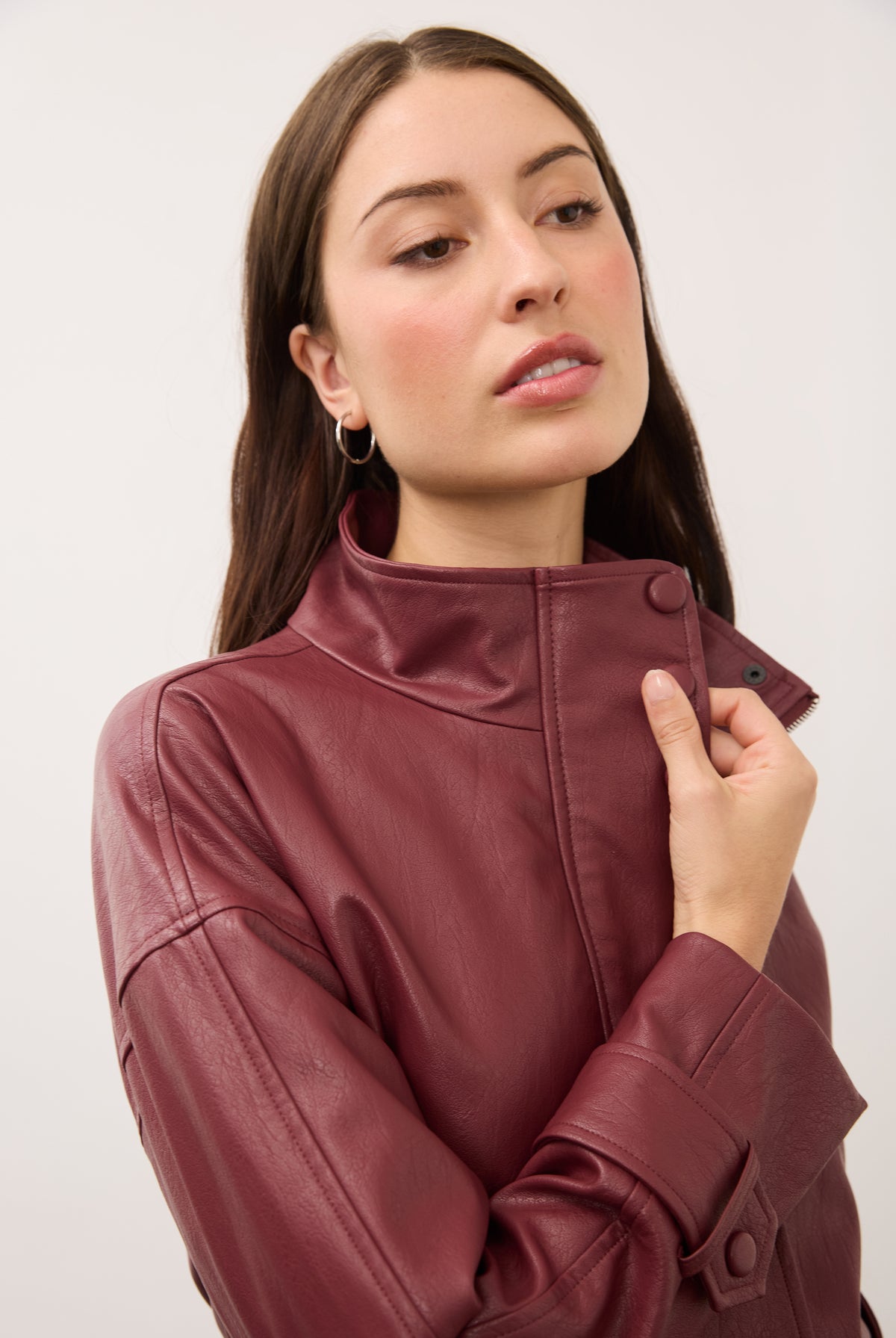Profile close-up of burgundy Olivia jacket highlighting collar and button details by French Dressing Jeans (FDJ)
